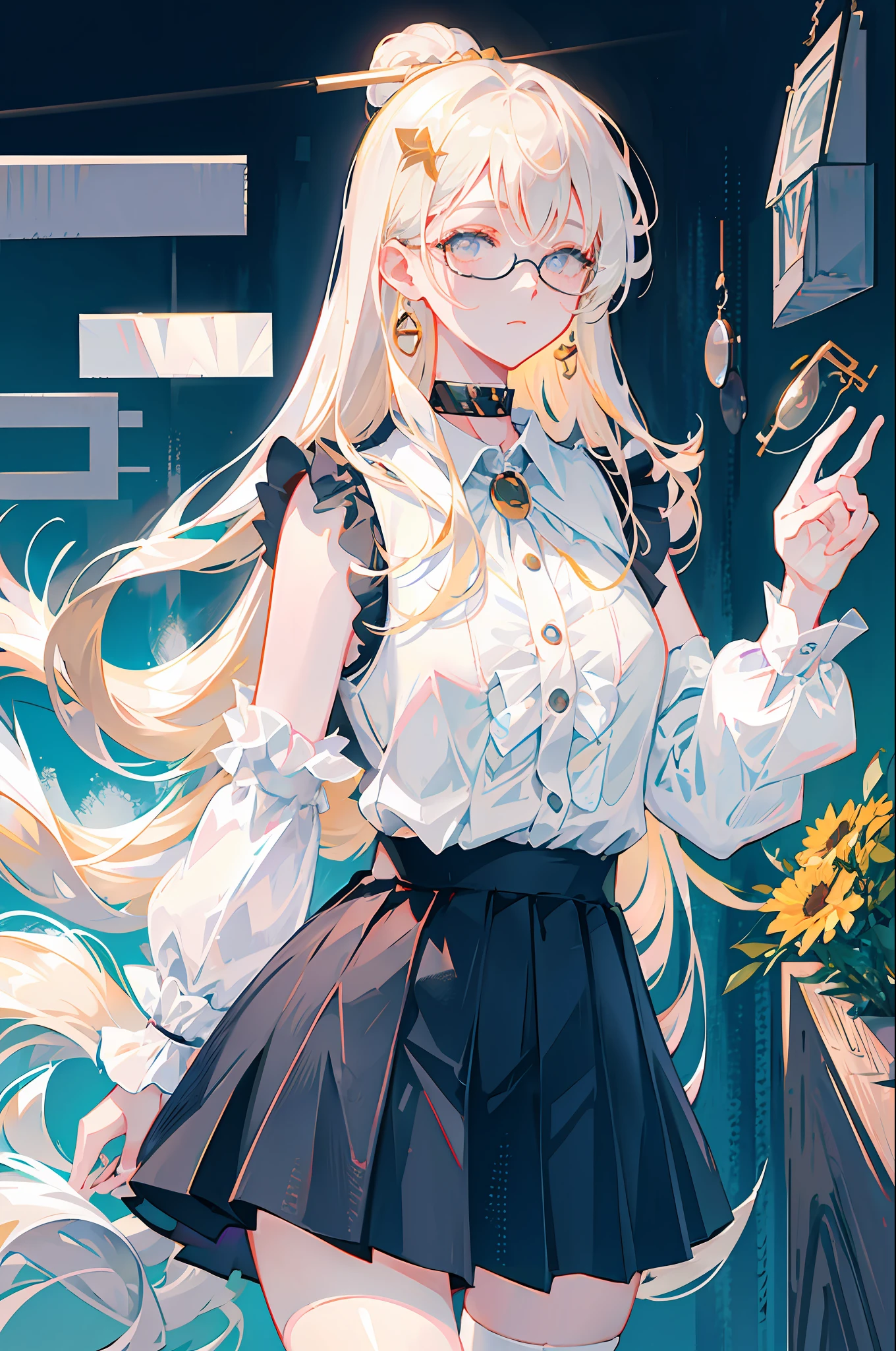 best quality, ultra high res, (photorealistic:1.4), 1woman, sleeveless white button shirt, black skirt, black choker, ((glasses)), (Kpop idol), (aegyo sal:1), (platinum blonde grey hair:1), ((puffy eyes)), looking at viewer, full body, flowers