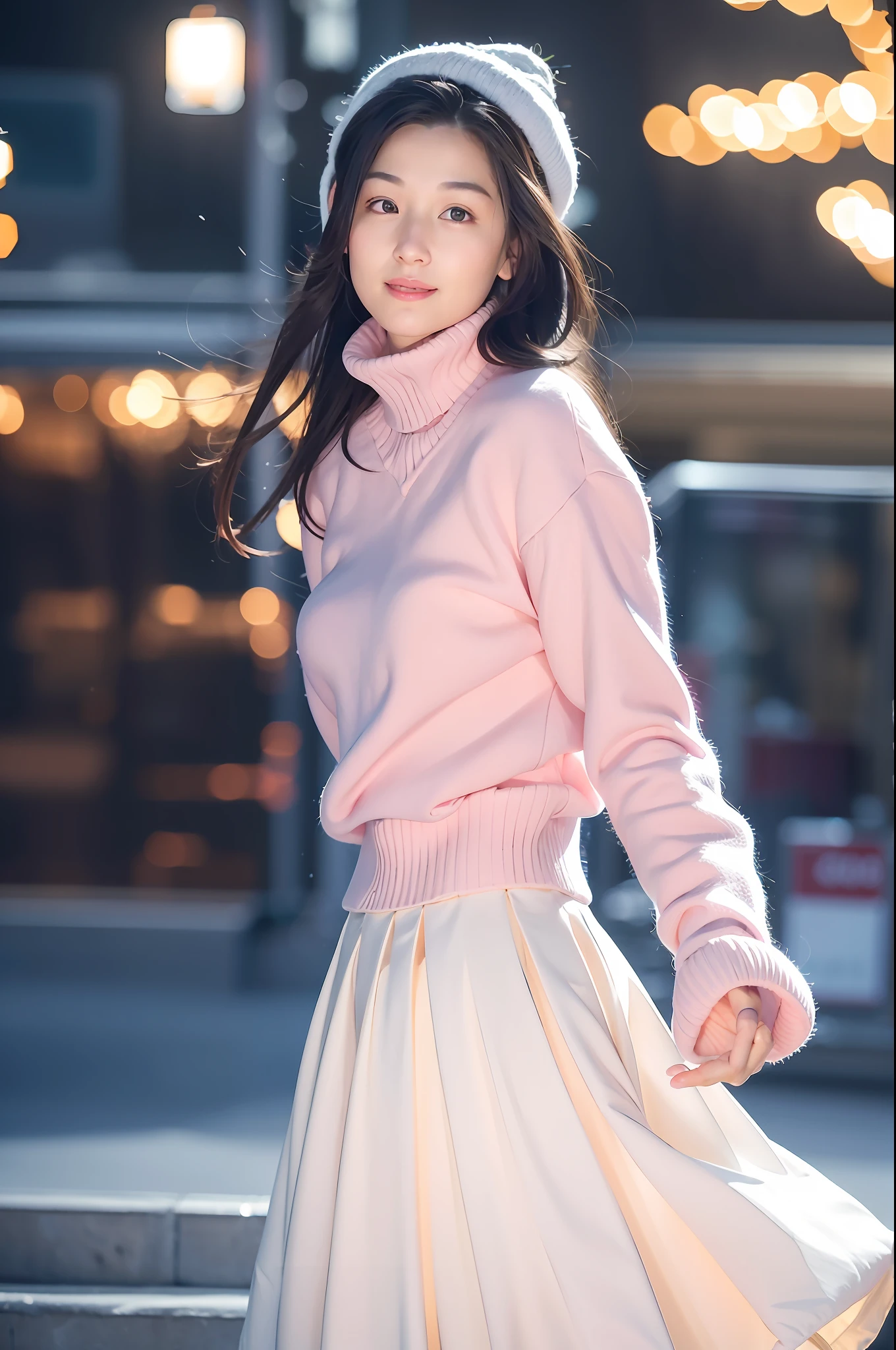 Light blush, smile, upper body, (winter clothes, snow, city, skirt, flowing hair,,) looking at the audience, beauty, best quality, super high resolution, (fidelity: 1.4), hiqcgbody, masterpiece, (realism: 1.4), best quality, beautiful lighting, detailed, complex, RAW photo, 8k uhd, film grain,