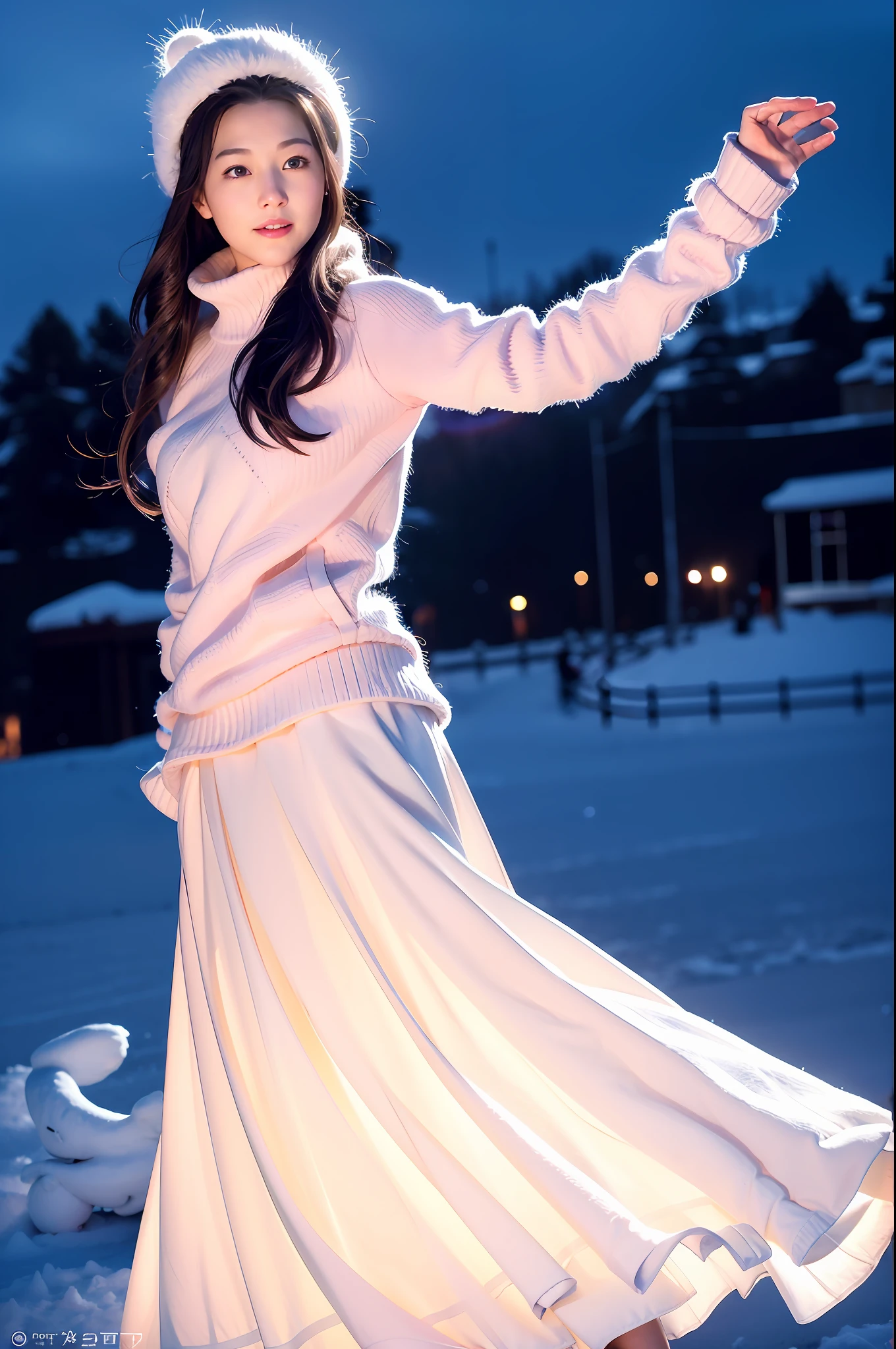 Light blush, smile, upper body, (winter clothes, snow, city, skirt, flowing hair,,) looking at the audience, beauty, best quality, super high resolution, (fidelity: 1.4), hiqcgbody, masterpiece, (realism: 1.4), best quality, beautiful lighting, detailed, complex, RAW photo, 8k uhd, film grain,