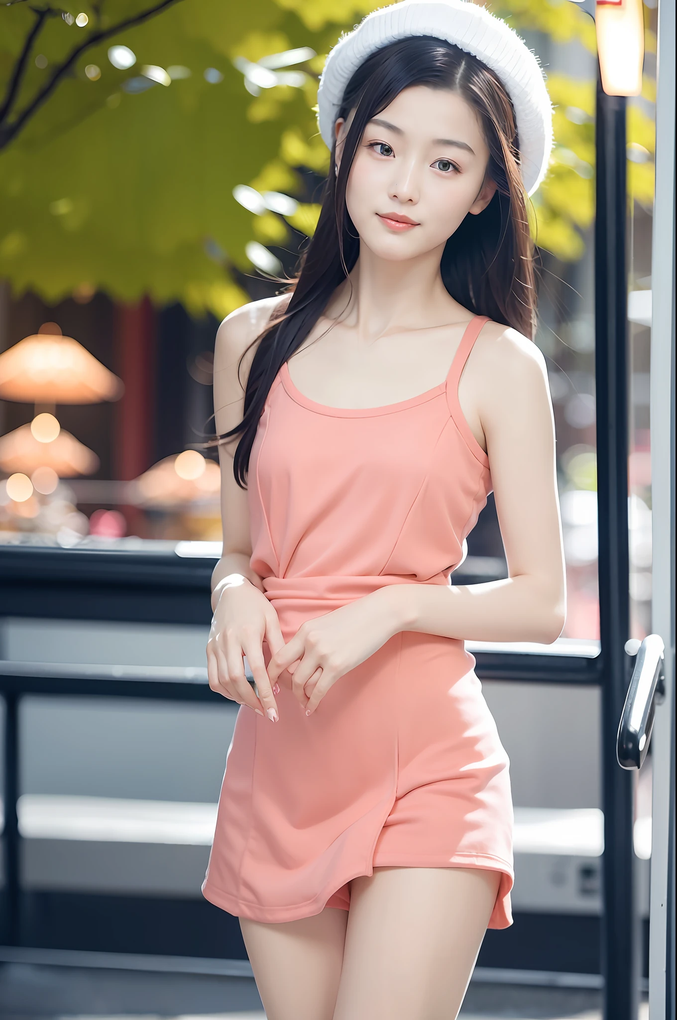 Gentle and pleasant Chinese beautiful woman, happy smile, upper body photo, delicate and sexy collarbone, charming oval face, double eyelids, vivid peach blossom eyes, pink lips, small nose, bare shoulders, focused face, close-up face , ultra-high-definition, super-detailed, elegant standing posture, a white short dress, plus a thin yellow cardigan jacket, showing a small and fresh atmosphere of literature and art. Put on a jazz hat and go out on the street, very fashionable.