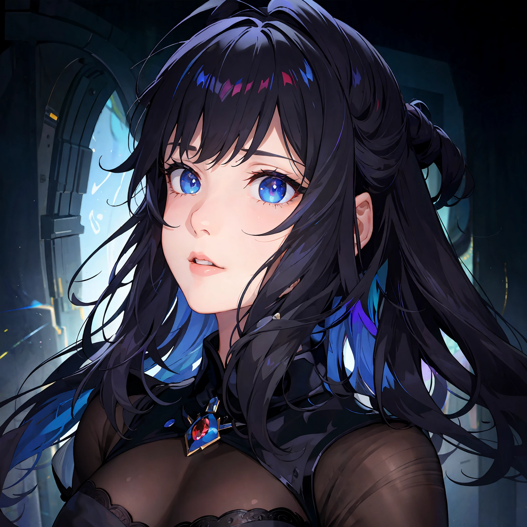 (masterpiece, best quality, 8k ultra-detailed CG, stunning), vivid color stoned, mulitcolored hair, fitted black dress, dynamic perspectives, dynamic focus, beautiful woman with short multicolored hair, frayed sleeves, blue eyes- grey, black outlines, red lips, mischievous expression, night scene, night scene, moonlit, colored lights, black background.