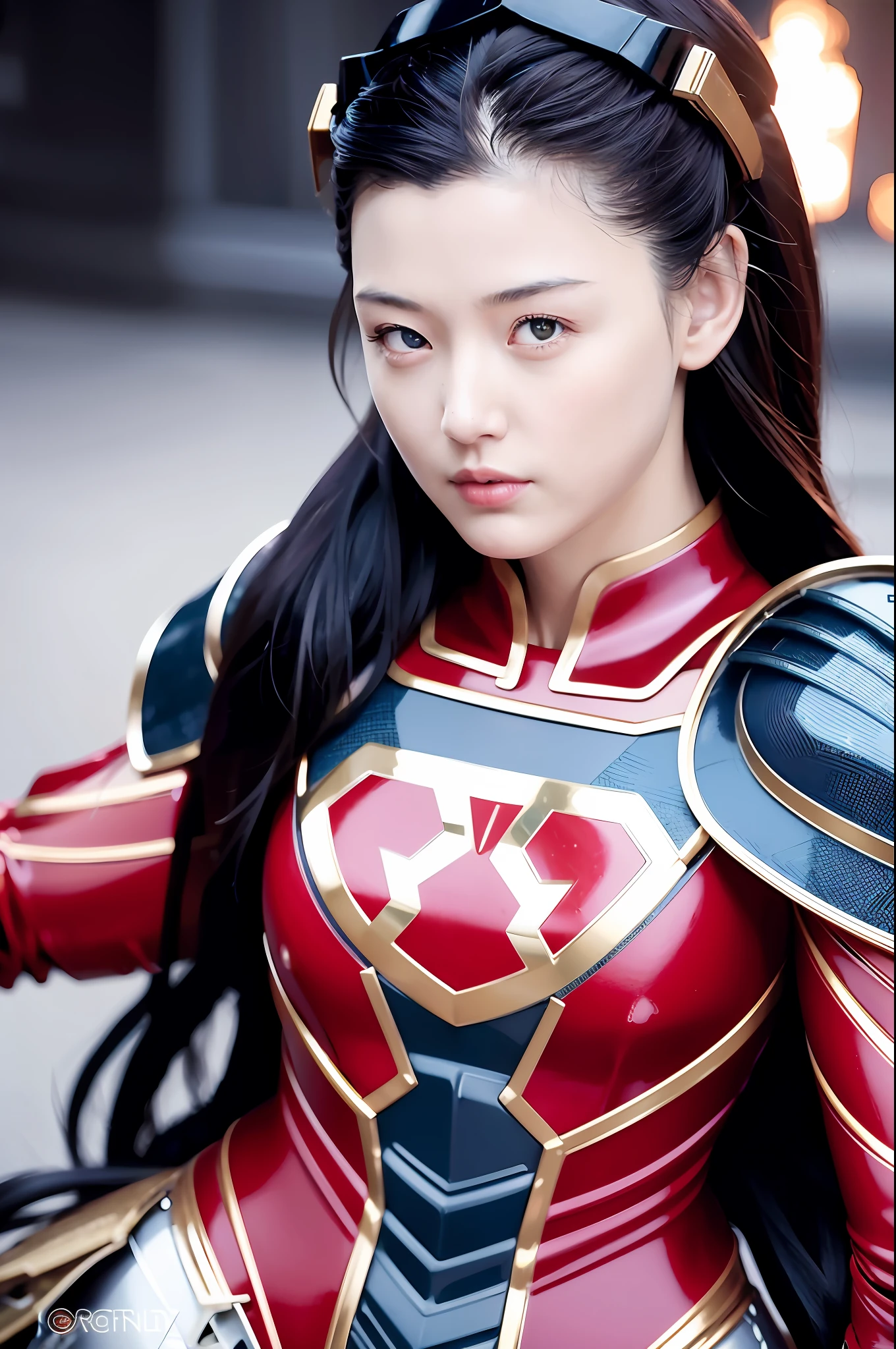 Portrait of a space warrior woman, distinctly feminine, red and blue heavy armor, in the desert, detailed, cinematic composition, power armor, intricate detail, eerie, highly detailed, 8k, by artgerm and greg rutkowski and alphonse mucha art, poor quality photo, blurry, reflective metal