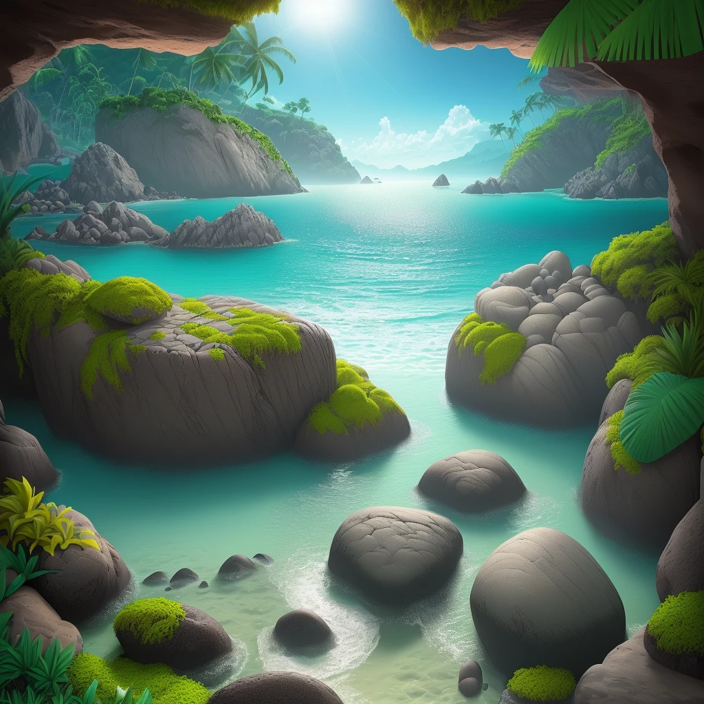 sunny tropical beach bright colors asymmetric waves in shallow pool rough carved large boulders covered with moss (color plants: 1.2) volumetric fog high contrast (masterpiece: 1.2) (flat vector illustration: 1.1) (best quality: 1.2) (detailed) (intricate) (8k) (HDR) (wallpaper) (cinematic lighting) (sharp focus)