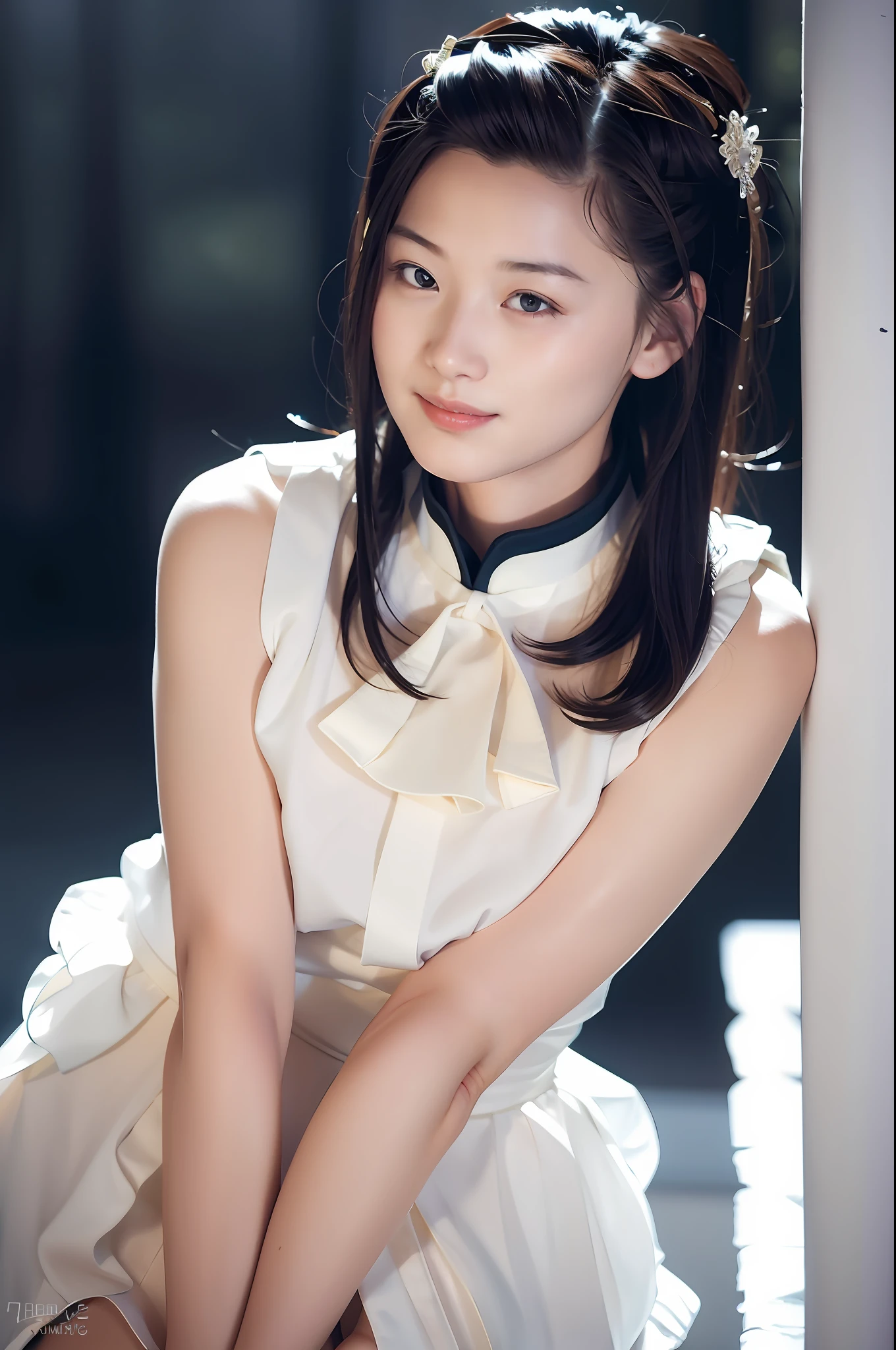 1girl, solo, smiling, perspective, high collar, muscular, natural, natural, folded hands, looking at audience, realistic, short hair