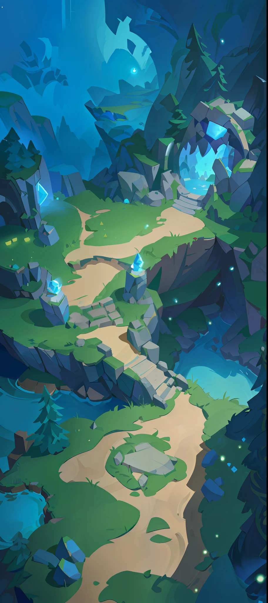 a close up of a cartoon style landscape with a path, stylized concept art, odin's stone arena background, stylized game art, painted as a game concept art, background artwork, background art, heartstone original art style, detailed game art, 2 d game environment design, mobile game background, mobile game art, magical fantasy 2 d concept art