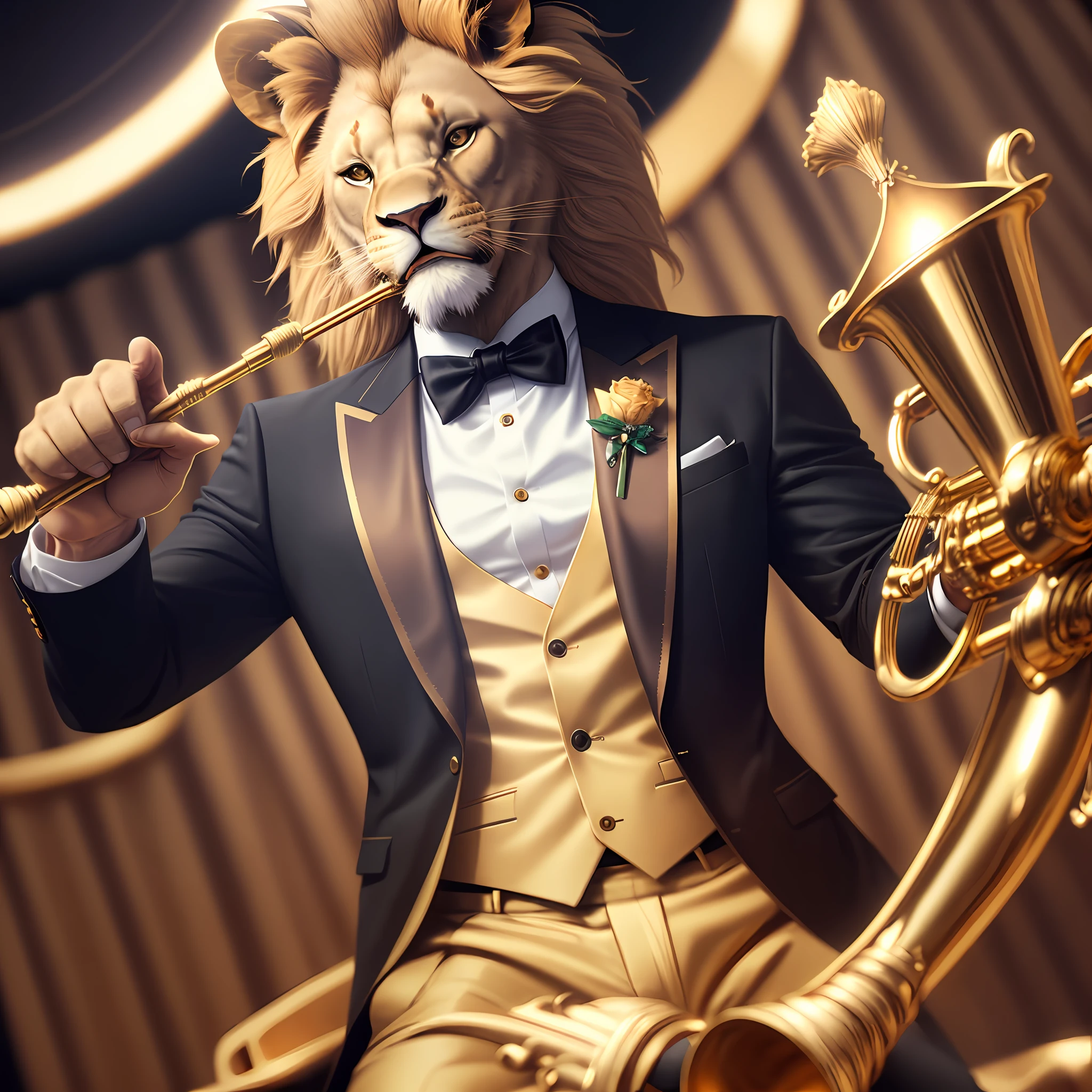 lion wearing suit, with golden bow tie, playing golden trumpet, 8k image