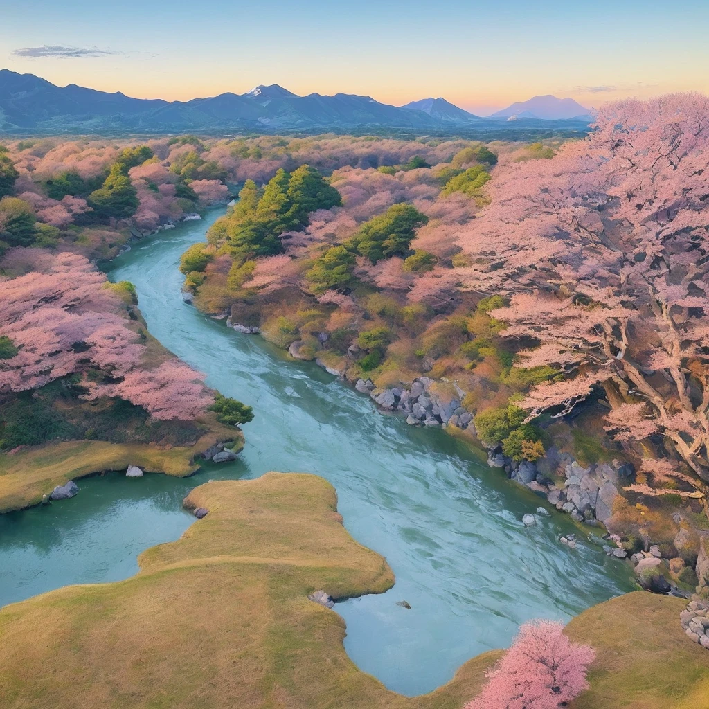 masterpiece, best quality, landscape, no people, Hokusai's landscape, trees, river, bushes, flowers, sunset, mountains in the background