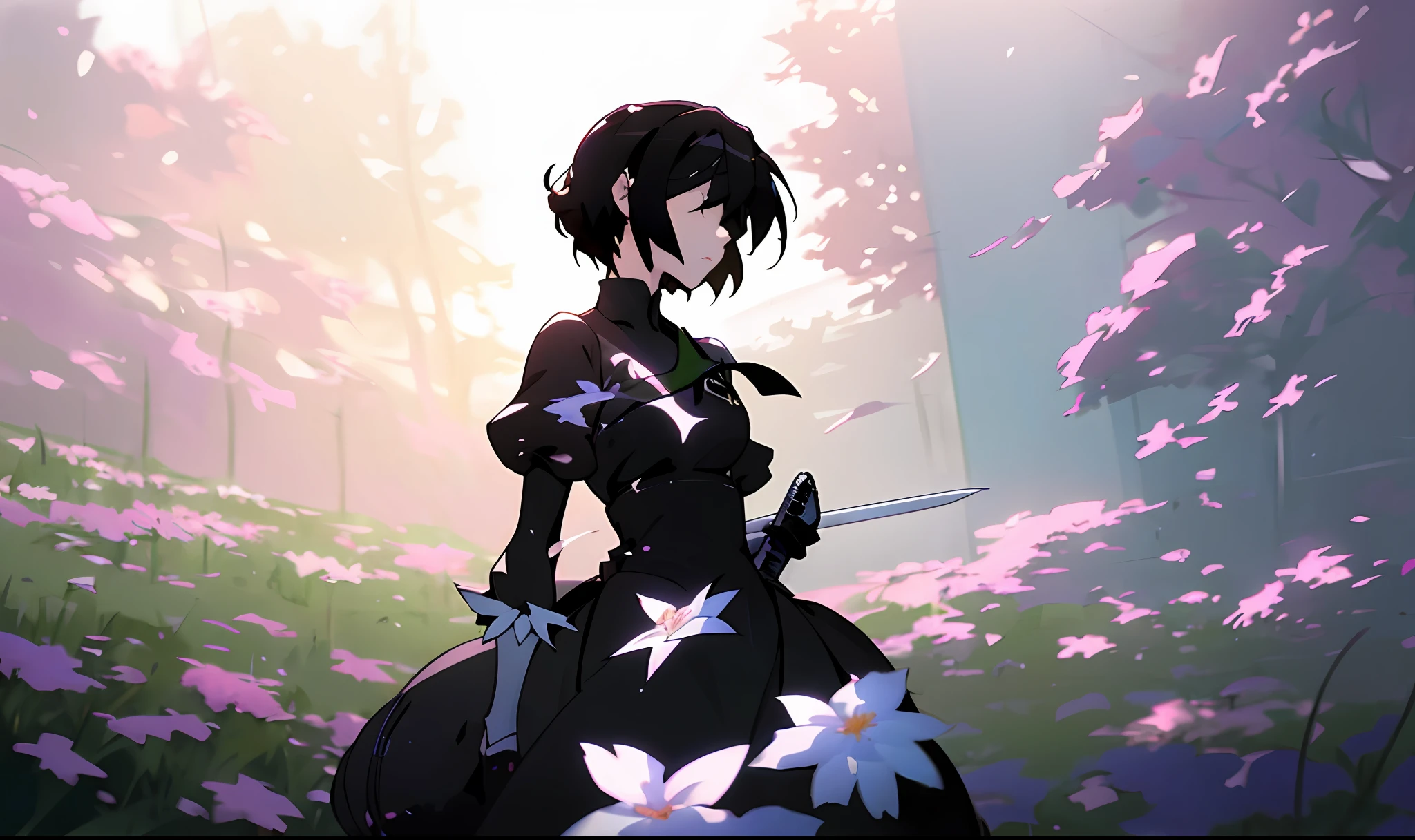 Anime girl,art by makoto shinkai, beautiful, ((Masterpiece:1.2)), surrounded by flowers,solo,1girl,(2b),white hair,wearing a blindfold,wearing black dress,holding a katana,8k,64k, HD, unparalleled masterpiece, dynamic lighting, cinematic, epic