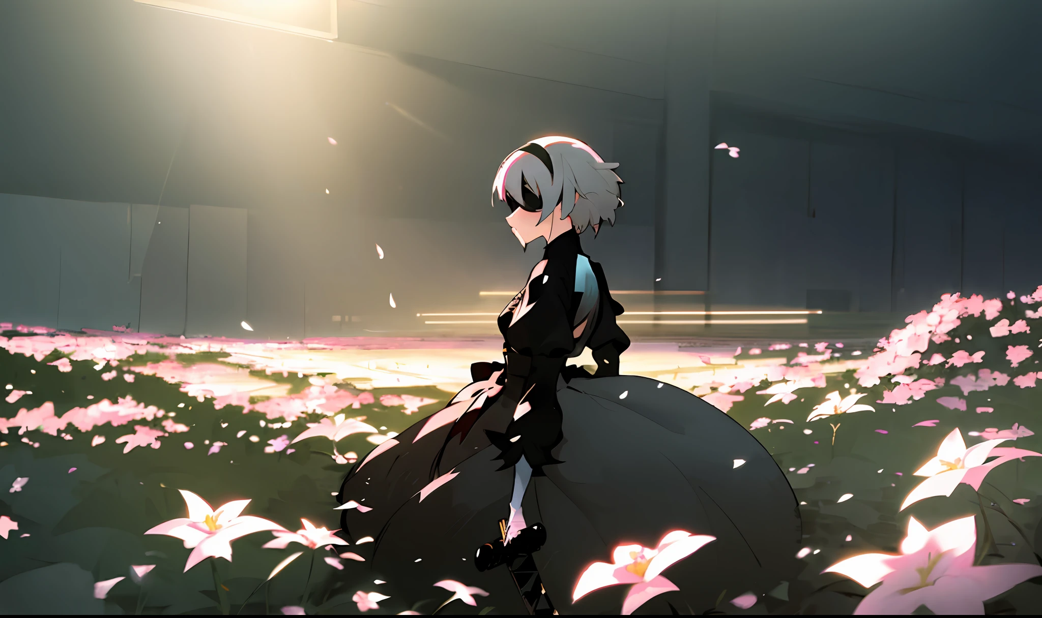 Anime girl,art by makoto shinkai, beautiful, ((Masterpiece:1.2)), surrounded by flowers,solo,1girl,(2b),white hair,wearing a blindfold,wearing black dress,holding a katana,8k,64k, HD, unparalleled masterpiece, dynamic lighting, cinematic, epic