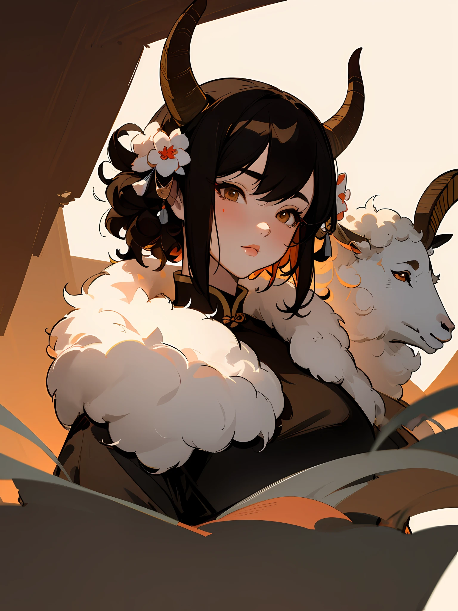 Masterpiece, best quality, (Chinese ink painting), (illustration), (1 famale), mature famale, Chinese style, (ancient china), (russ mills style), black hair, (short hair), (dango curls hair), (white skin), (brown eye), cute, curvy body, sheep's horns, (fur dress), (goat animals background), dark grey, hiroshi yoshida, (close-up), (grand background), (chiaroscuro),fine facial details, facial details,cinematic lighting, (depth of field),UHD, (upper body)