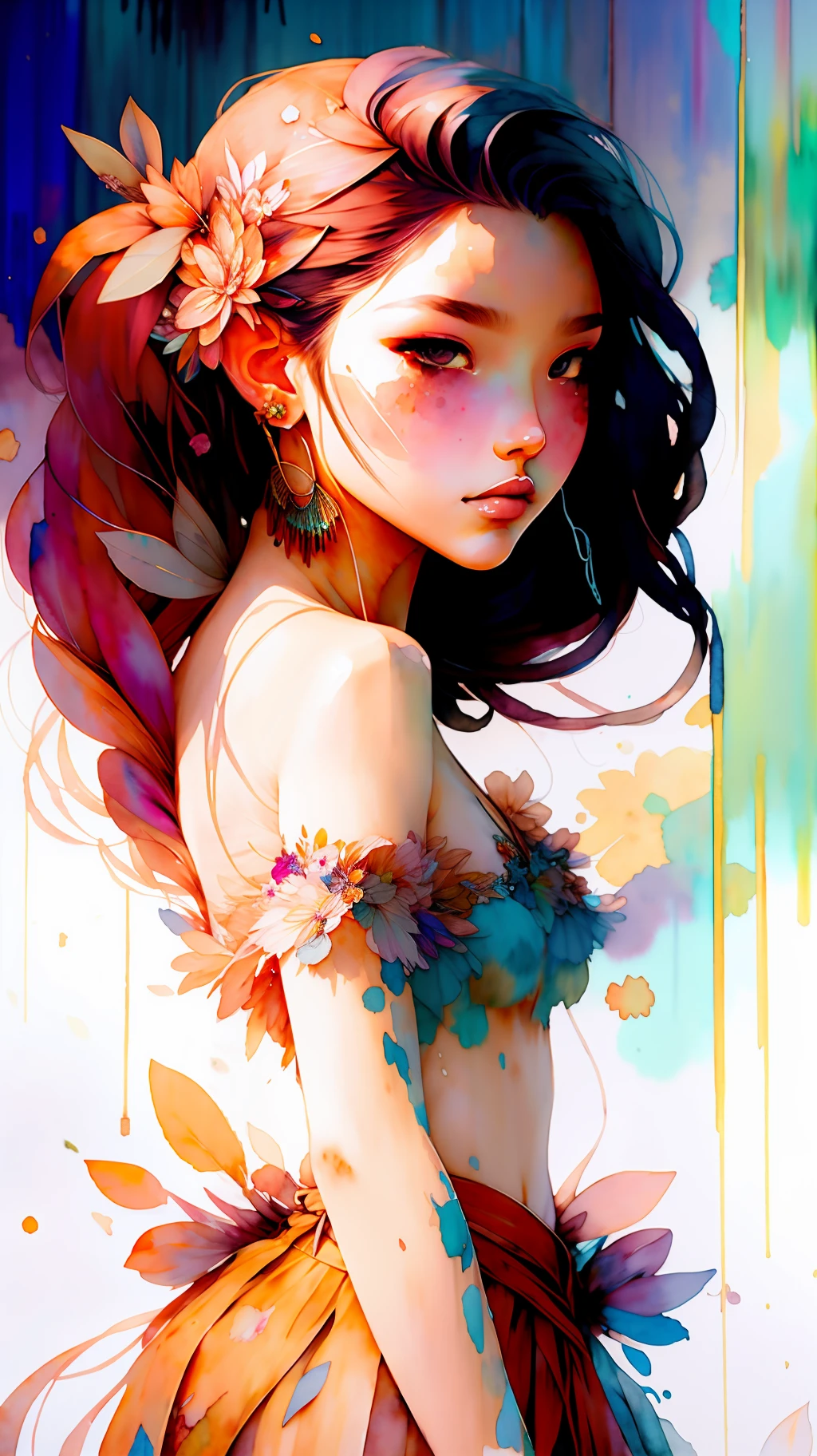 wtrcolor style, digital art of (jasmine), official art, blown by the wind, masterpiece, beautiful, ((watercolor)), paint splatter, intricate details. Great detail, [dripping:0.7], Trending on Artstation, Rachel Walker