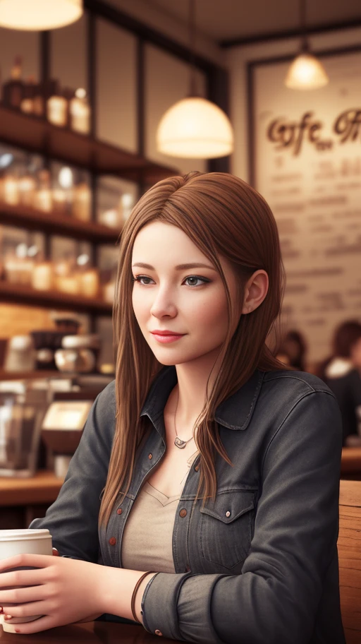 a woman at the coffee shop, 4k, realistic, super detailed