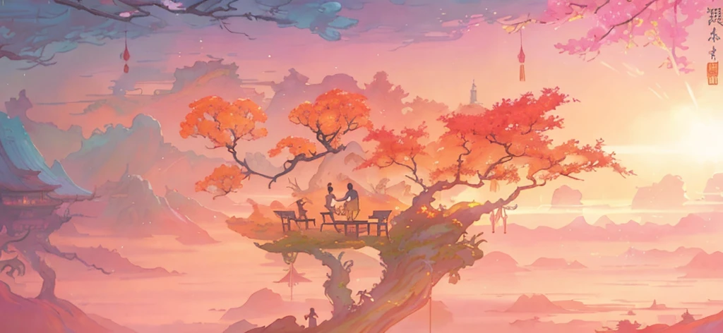there is a tree that is sitting on a table in the sky, painting of a dreamscape, epic surrealism 8k oil painting, tyrus wong, whimsical fantasy landscape art, chinese surrealism, the bodhi tree at sunset, magical realism painting, a surreal dream landscape, scenery artwork, dream scenery art, surrealist landscape painting, surreal painting, bonsai tree house