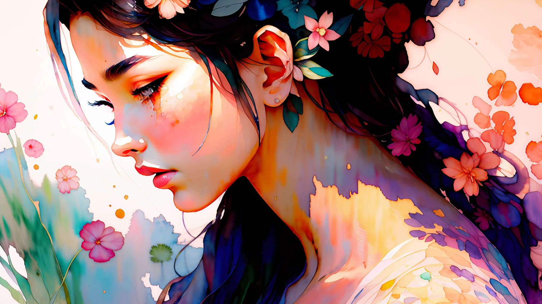 wtrcolor style, digital art of (jasmine), official art, blown by the wind, masterpiece, beautiful, ((watercolor)), paint splatter, intricate details. Great detail, [dripping:0.7], Trending on Artstation, Rachel Walker