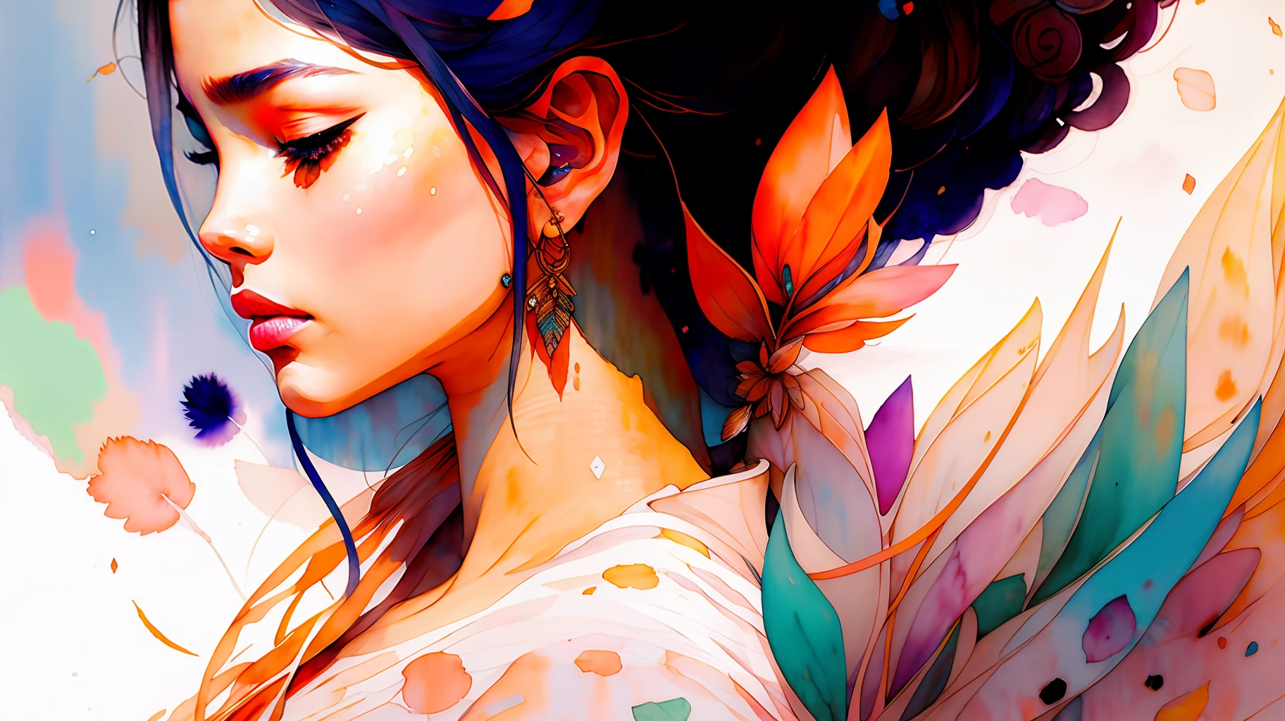 wtrcolor style, digital art of (jasmine), official art, blown by the wind, masterpiece, beautiful, ((watercolor)), paint splatter, intricate details. Great detail, [dripping:0.7], Trending on Artstation, Rachel Walker