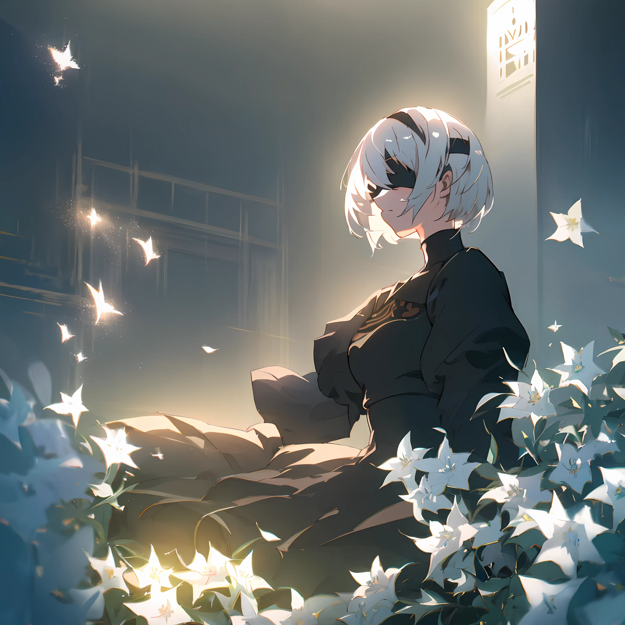 Anime girl,art by makoto shikai,close up shot,wearing a black blindfold,(white hair), beautiful, ((Masterpiece:1.2)), surrounded by flowers,solo,1girl,(((2B))),(nier automata),wearing black dress, absolutely stunning art, highest quality digital art, rtx, ray tracing,8k,64k, HD, unparalleled masterpiece, dynamic lighting, cinematic, epic