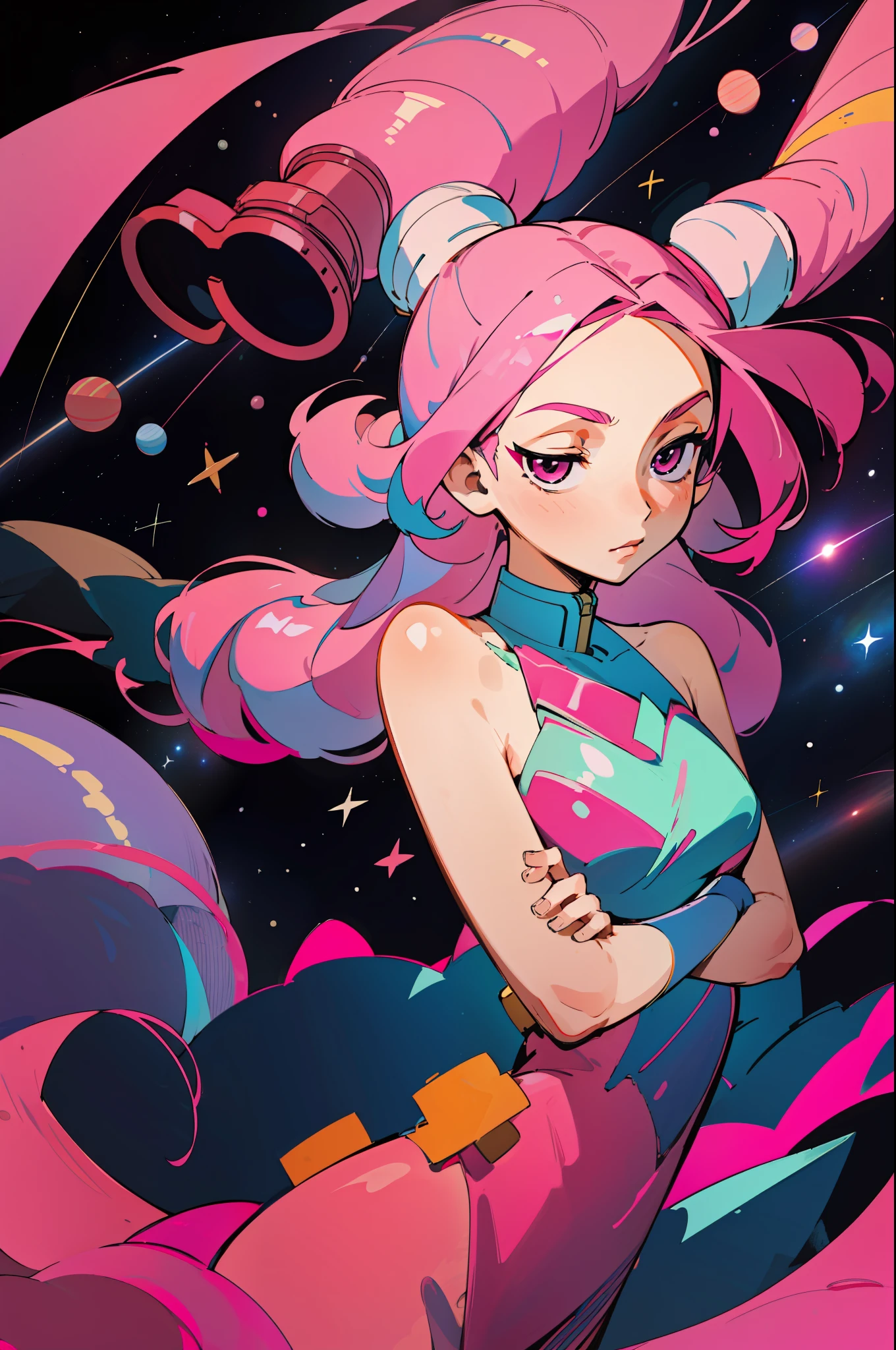 (best quality: 1.2), 1girl, (close up, arms in frame, pink hair, very long hair, okappa, flat_chest, space station)