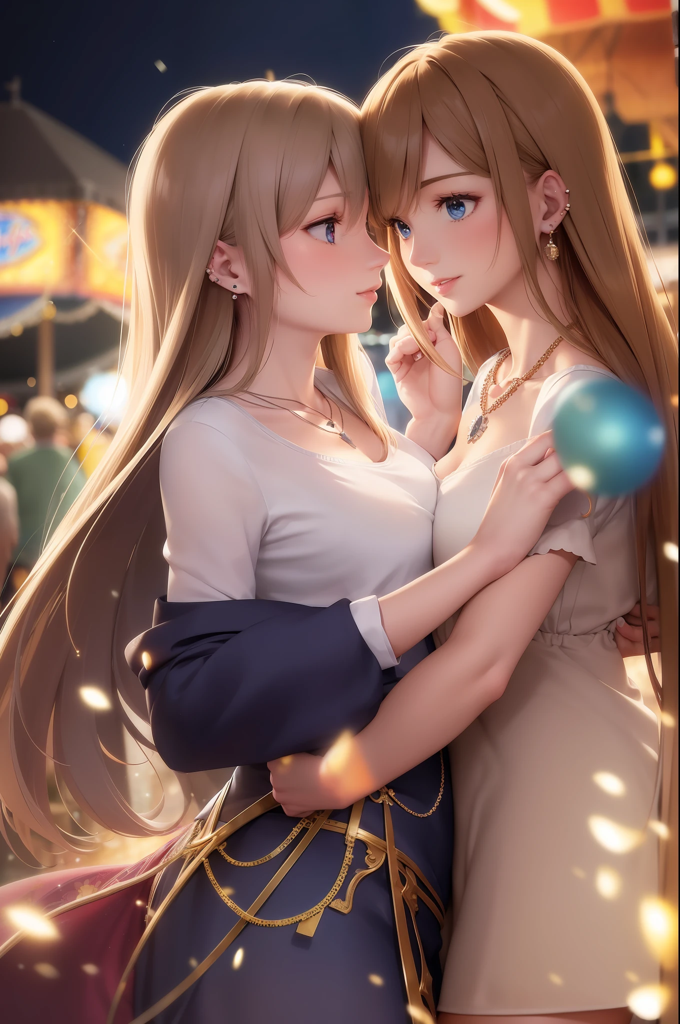Realistic, Masterpiece, High Resolution, (Glowing Particles: 1.3), Moonlight, Lens Flare, (Cinematic Light), Illustration, Amusement Park, (Crowd: 1.4), Fireworks, [: (Face Detail: 1.2): 0.2] , detailed, detailed clothing, detailed background, 1 female, 1 male, dynamic pose, 30 years old, (disheveled hair: 1.2), fair skin, wearing a white T-shirt, (ear piercing: 0.5), (necklace: 0.5), (see looking at each other), romantic couples,