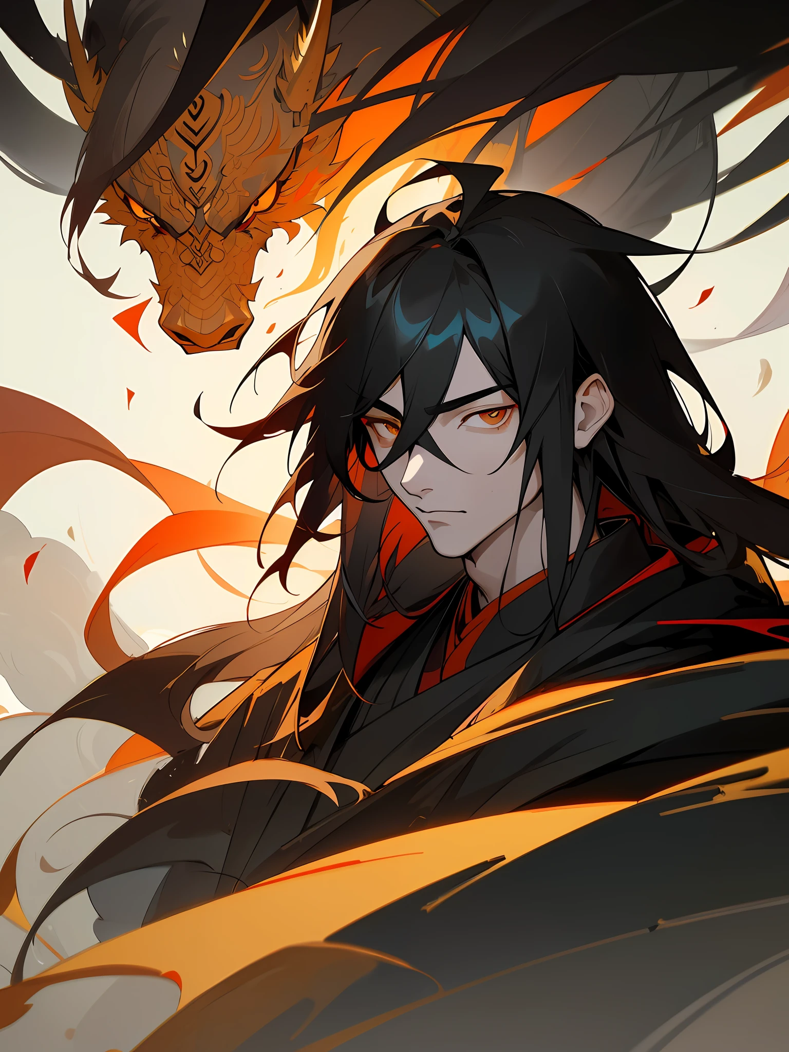 Masterpiece, best quality, (Chinese ink painting), (illustration), (1 man), mature man, (a Chinese dragon), Chinese style, (ancient chinese male), (russ mills style), cloak, (long long hair), (messy hair), (white skin), (golden eye), handsome, (black clothing), gorgeous ornament, tang dynasty, dark grey, hiroshi yoshida, (close-up), (chiaroscuro),fine facial details,cinematic lighting, (depth of field),UHD, (upper body)