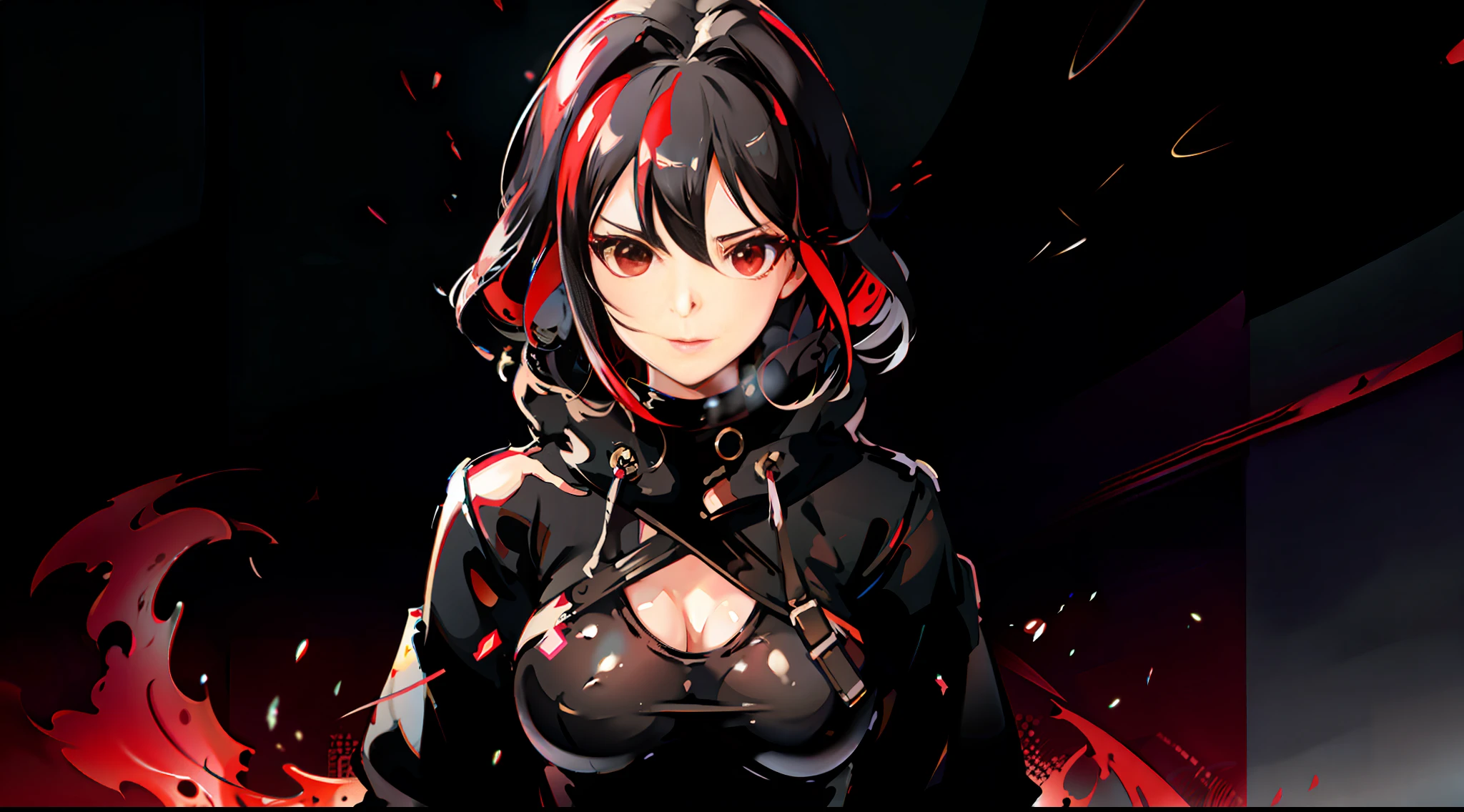 upper body, 1girl, black hair, red eyes, large breasts ,hoodie, wallpaper, light particles, red fire,
