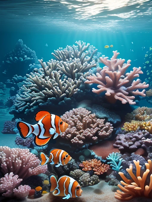 Clown fish, ocean, fantasy, coral, seabed, dream,Cartoon,epic fantasy concept, pretty colorful lights decorations, wide shot, 8k octane render, photorealistic, cinematic lighting, detailed building, detailed fish