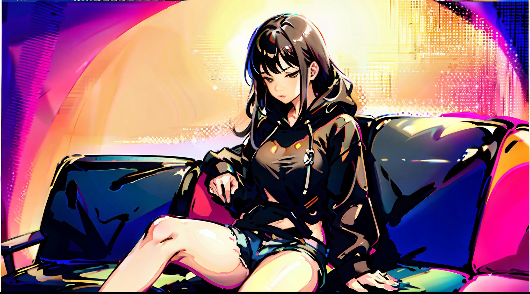1girl, laying down, couch, large breasts, hoodie, no shorts, big thighs, black hair, sleeping,