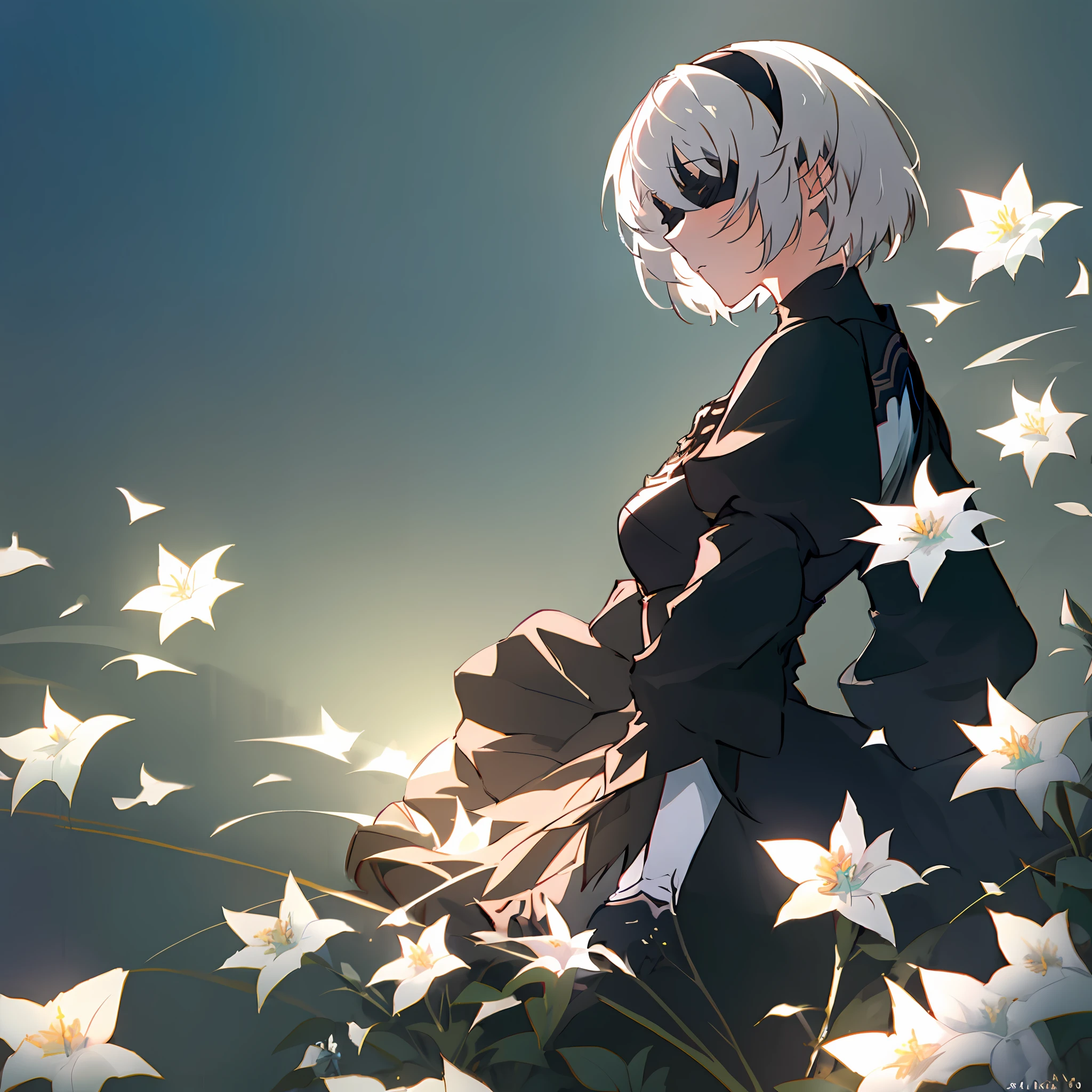 Anime girl,art by makoto shikai,close up shot,wearing a black blindfold,((white hair)), beautiful, ((Masterpiece:1.2)), surrounded by flowers,solo,1girl,(((2B))),(nier automata),wearing black dress, absolutely stunning art, highest quality digital art, rtx, ray tracing,8k,64k, HD, unparalleled masterpiece, dynamic lighting, cinematic, epic