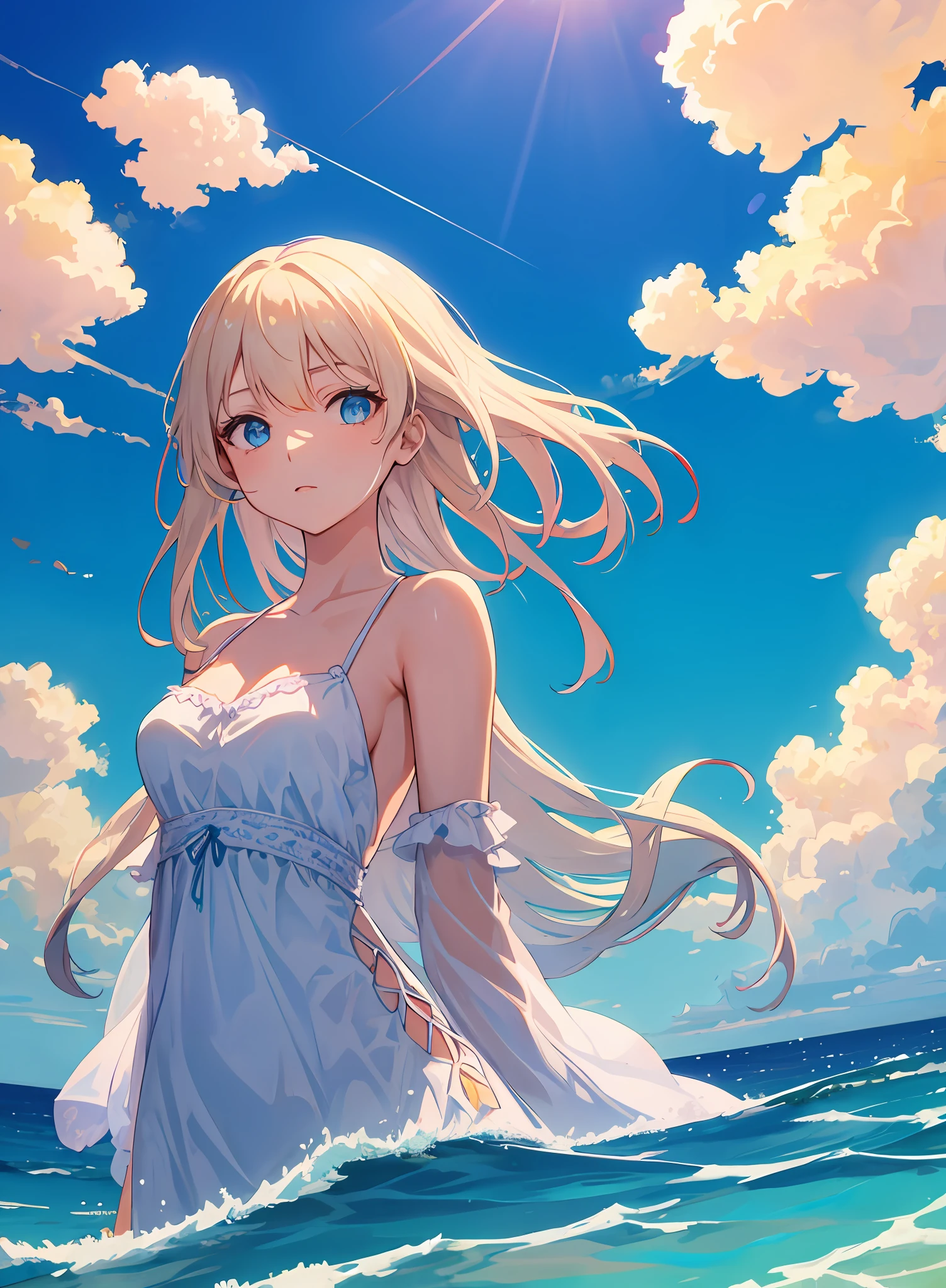fantasy, (upper body:1.2), (from below:1.3), 191971 dress, backless dress, (long dress:1.2), very long hair, breasts, bare shoulders, sky, ocean, water, looking at viewer, italian, head tilt, wind, cloud, sunlight, outdoor, 1girl, solo, BREAK,