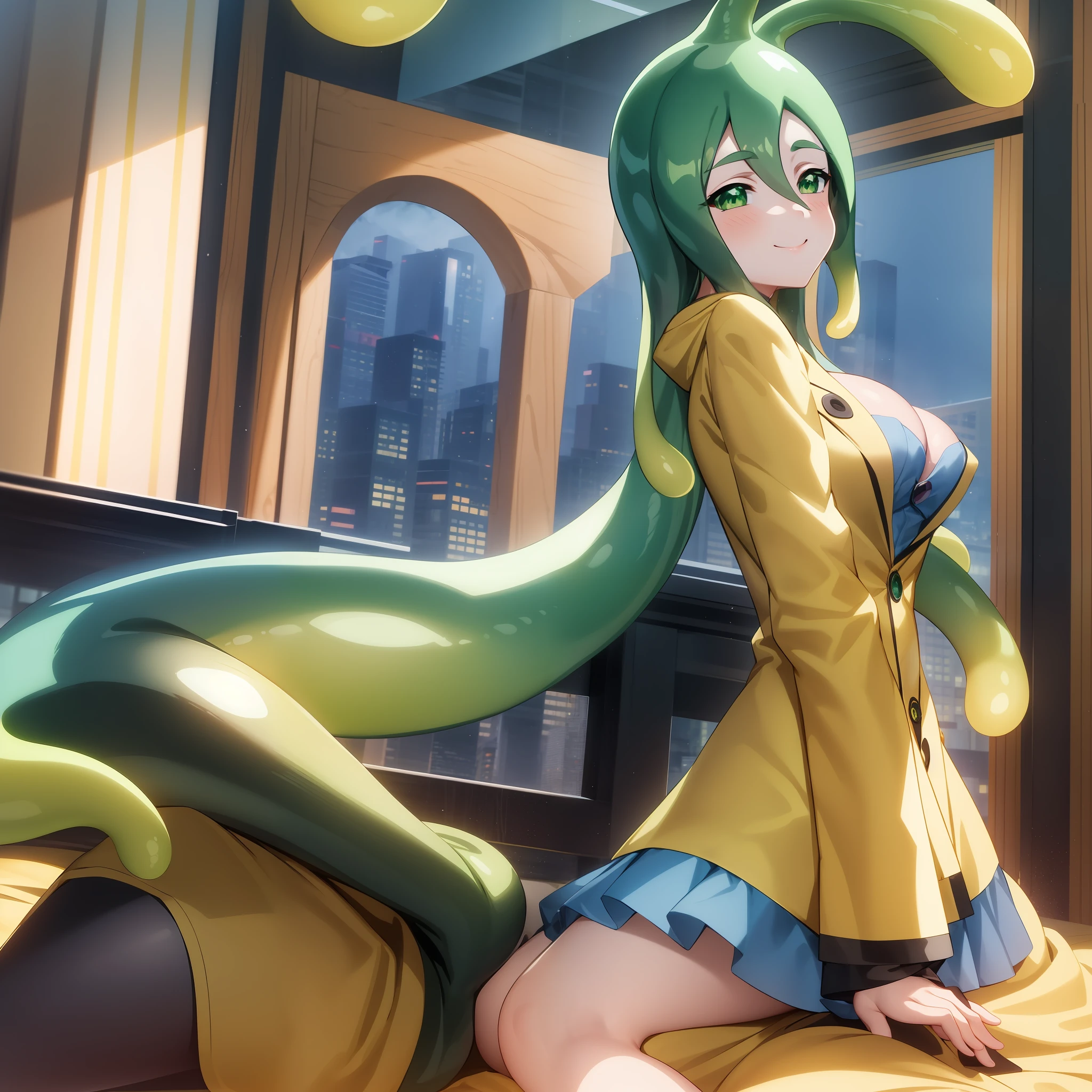 anime coloring,city,
, breasts, solo, green eyes, blue skin, slime girl, raincoat, smile, green hair, colored skin, yellow raincoat, monster girl, long hair, tentacle hair, large breasts, cleavage, ahoge, blush, very long hair, sitting, looking at viewer, wariza, hand between legs, between legs