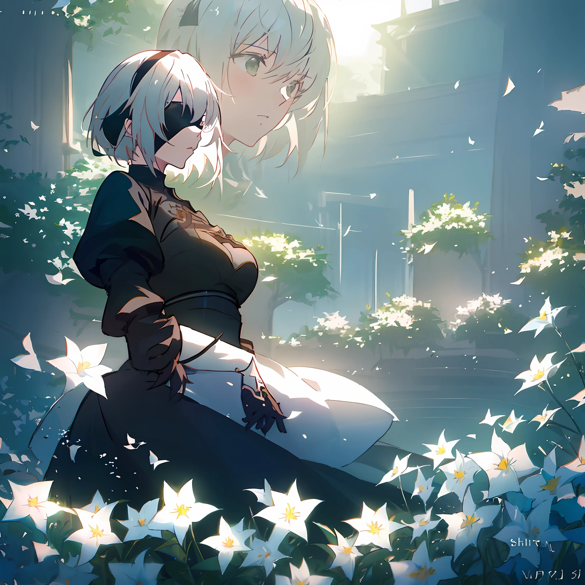 Anime girl,art by makoto shikai,close up shot,wearing a black blindfold,((white hair)), beautiful, ((Masterpiece:1.2)), surrounded by flowers,solo,1girl,(((2B))),(nier automata),wearing black dress, absolutely stunning art, highest quality digital art, rtx, ray tracing,8k,64k, HD, unparalleled masterpiece, dynamic lighting, cinematic, epic