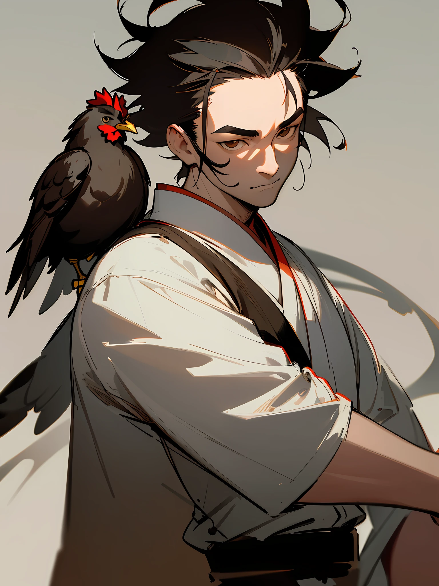 Masterpiece, best quality, (Chinese ink painting), (illustration), (landscape background), (1 man), mature man, (a chicken), Chinese style, (ancient chinese male), (russ mills style), (forehead rope), (short hair), (messy hair), (white skin), (brown eye), (Cute, lively), (white clothing), tang dynasty, dark grey, hiroshi yoshida, (close-up), (grand background), (chiaroscuro),fine facial details, facial details,cinematic lighting, (depth of field),UHD, (upper body)