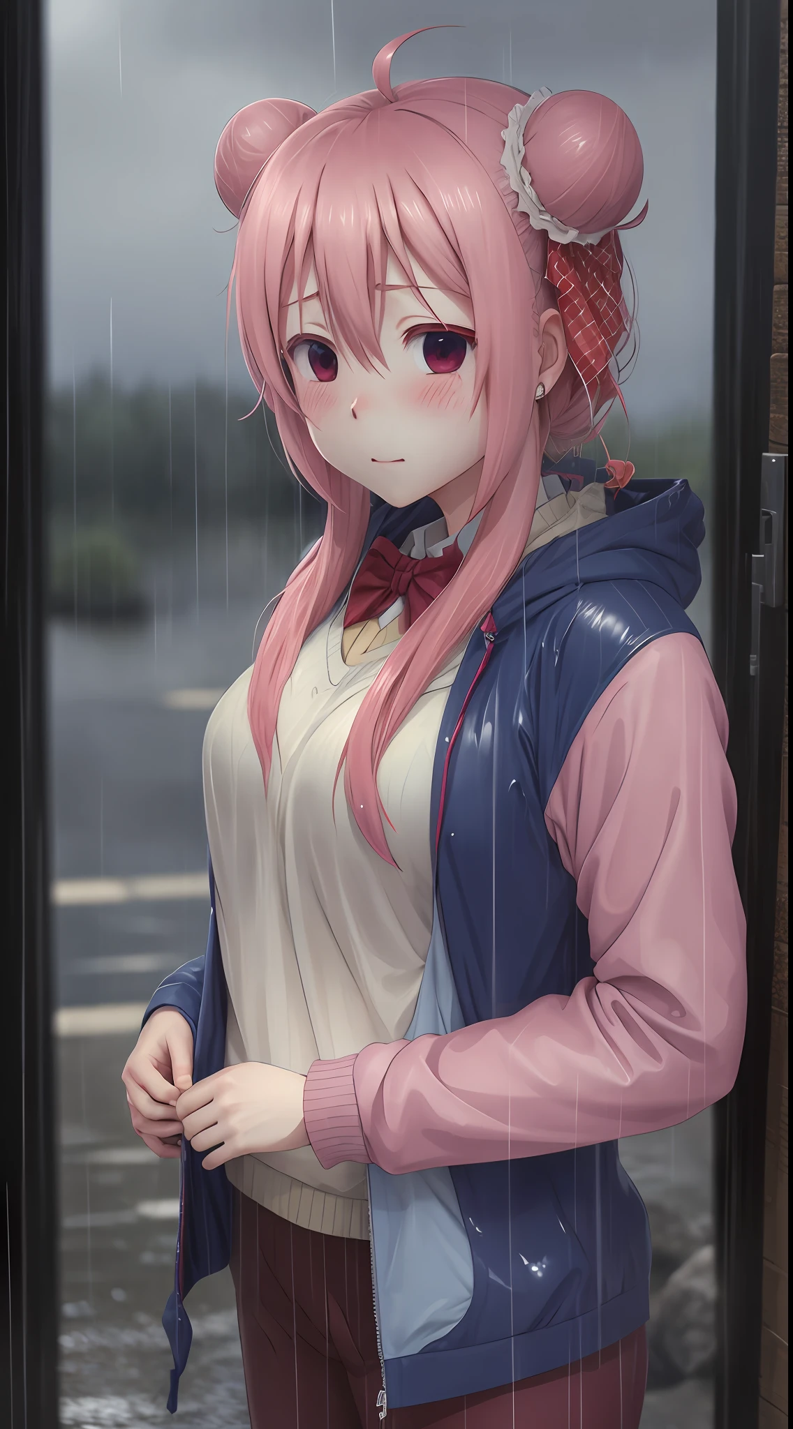 Satou, happy, blushing, distant view, portrait, raining, outside, wet clothes, emotionless, expressionless, dreary atmosphere, sad atmosphere, hair buns