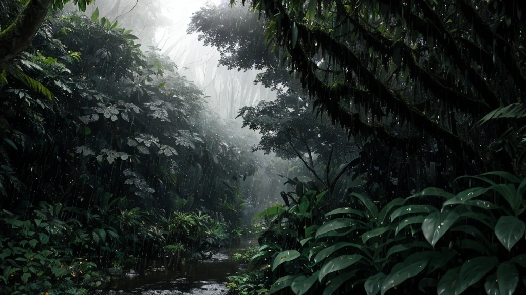 A jungle, with intense rainfall, monochromatic, vines all around, giant and wet trees, masterpiece, best quality, high quality, extremely detailed CG unity 8k wallpaper, oil paiting, award winning photography, Bokeh, Depth of Field, HDR, bloom, Chromatic Aberration ,Photorealistic,extremely detailed, trending on artstation, trending on CGsociety, Intricate, High Detail, dramatic, art by midjourney, volumetric lighting.
Image Size : 960x536