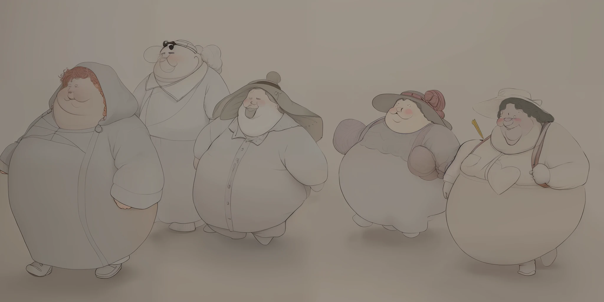 5 fat people in clothes of various colors walking on the road, children's illustration style