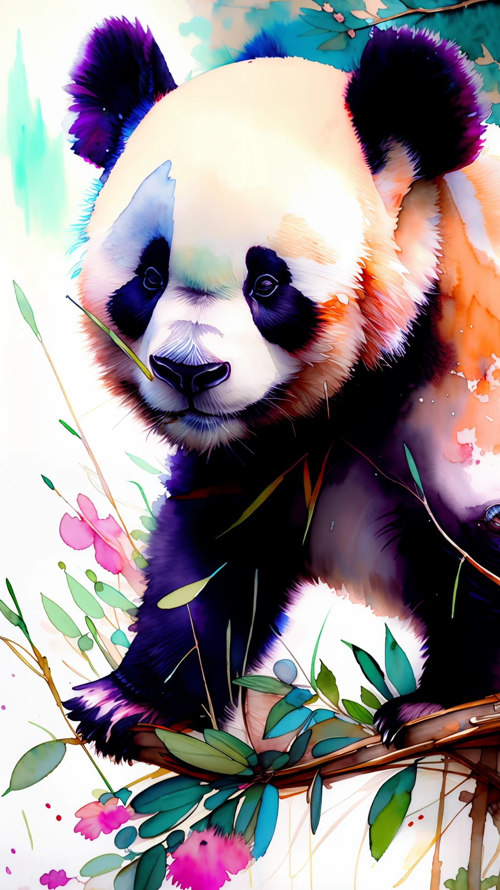 wtrcolor style, digital art for (panda character), official art, closeup, masterpiece, beautiful, ((watercolor)), front face, smile, detailed eyes, paint splatter, intricate details, very detailed, [dripping:0.7], Trending on Artstation, Jean Haines,