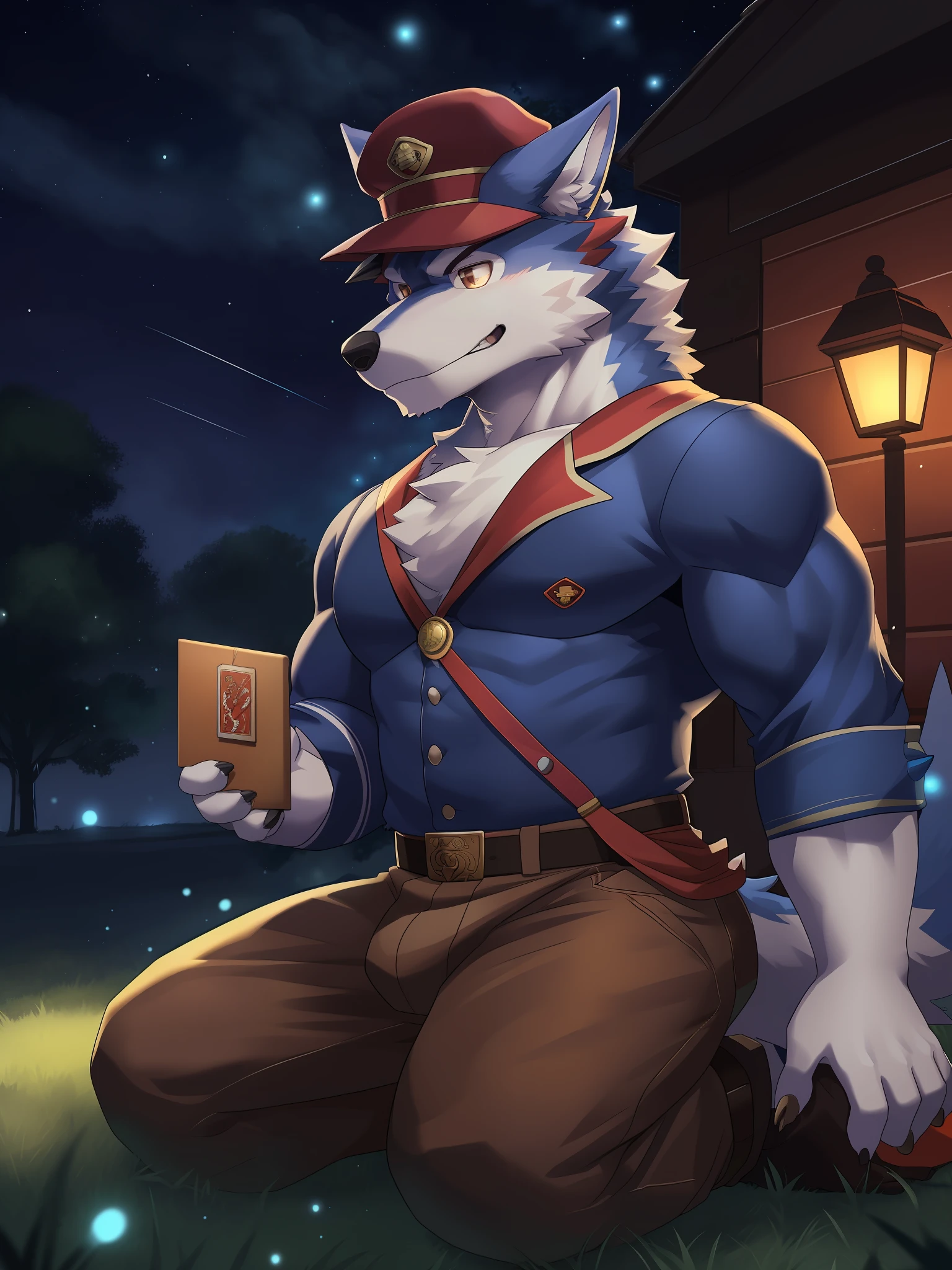 solo, male, (muscular), shaman, (male anthro dragon):1.3, white body, white belly, (kneeling):1.3, (kemono:1.4) (praying):1.23, (postman costume, postman hat, grass green Pattern: 1.2), detailed eyes, wolf tail, wolf ears, ((bust portrait)), (detailed eyes, brown eyes, glowing eyes): 1.1, (outdoor: 1.35), wind, street lights, street, stars, night , (particles, fireflies, blue glow): 1.3, detailed background, realistic, realistic hands, 8k hd, (dark shadows, wide dynamic range, hdr, low light: 1.2)