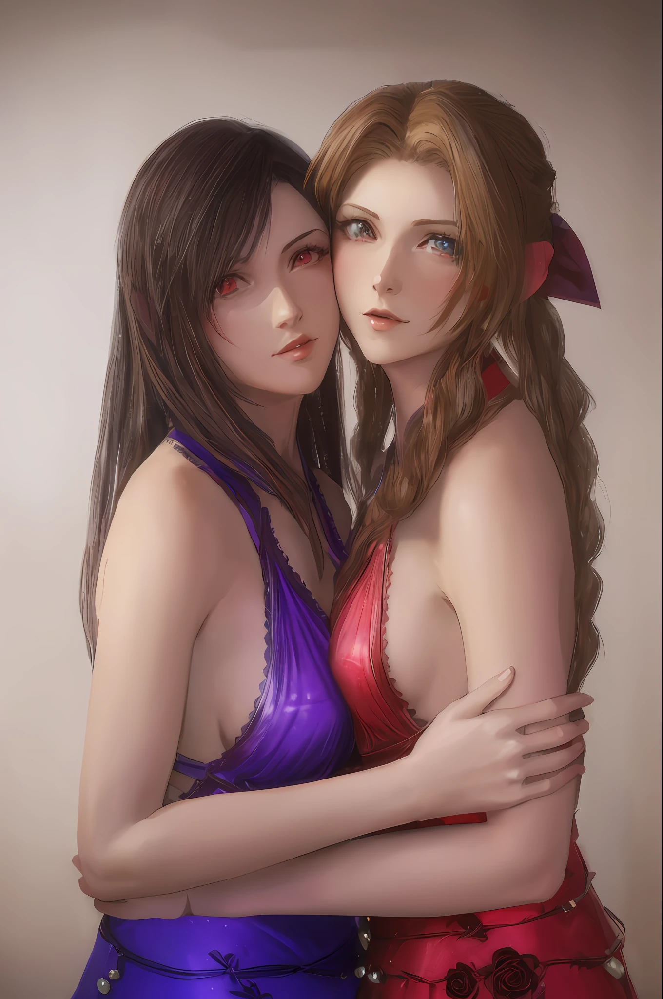 Women in purple and red dresses embracing each other, seductive portrait of Tifa Lockhart, nixeu and sakimichan, Alice Gaisborough from final fantasy, charming portrait of Alice, Fumimi Kojima and Ryder Caldway Er, the beautiful Alice Gaisborough