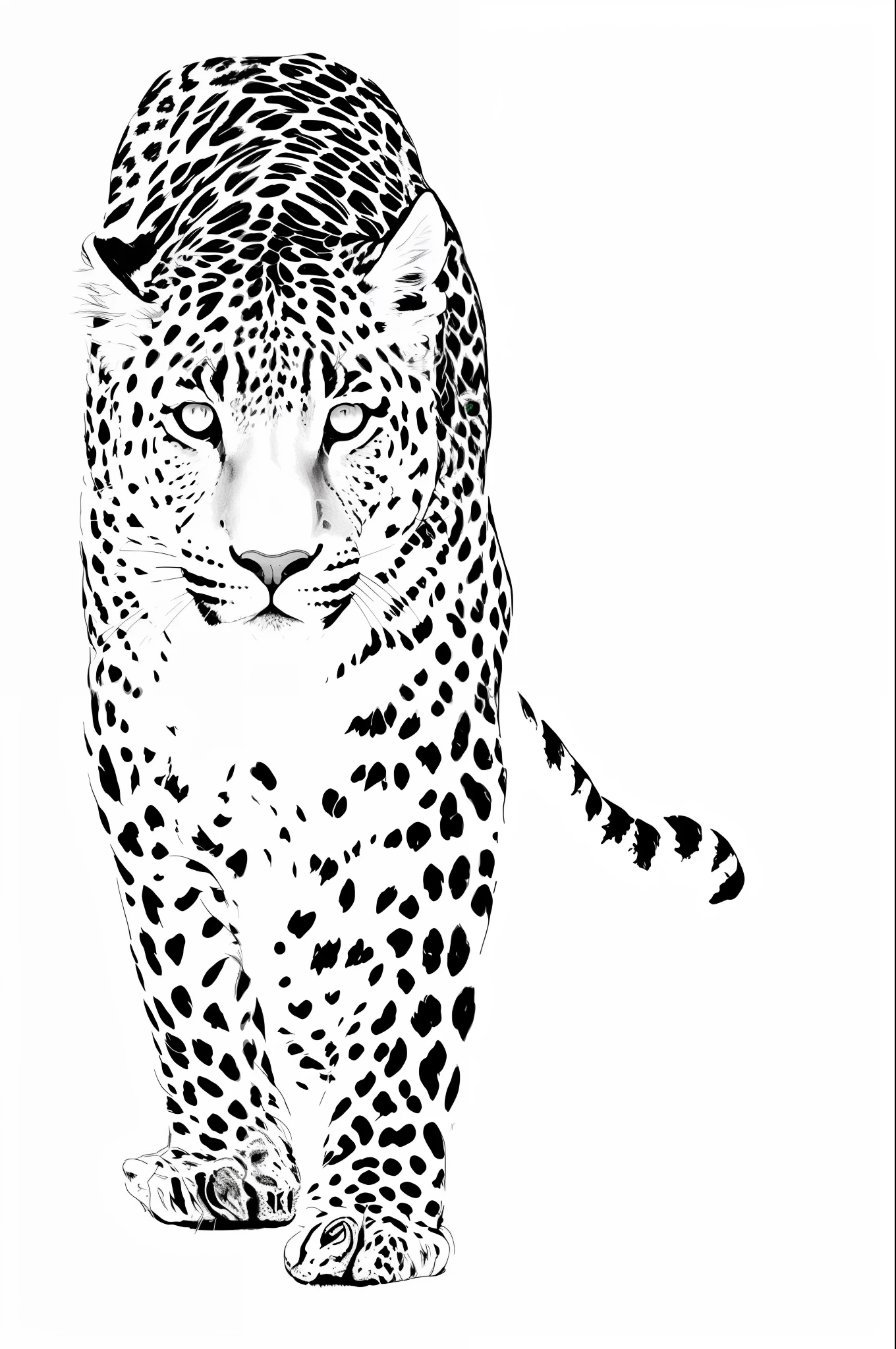 a black and white drawing of a leopard standing in the snow, highly detailed”, highly detailed ”, jaguar head tattoodesign, higly detailed black ink outline, by Dean Ellis, black on white line art, by Dahlov Ipcar, wildlife drawing, b & w, b&w, b&w!, very detailed”, very detailed ”, cub, cheetah