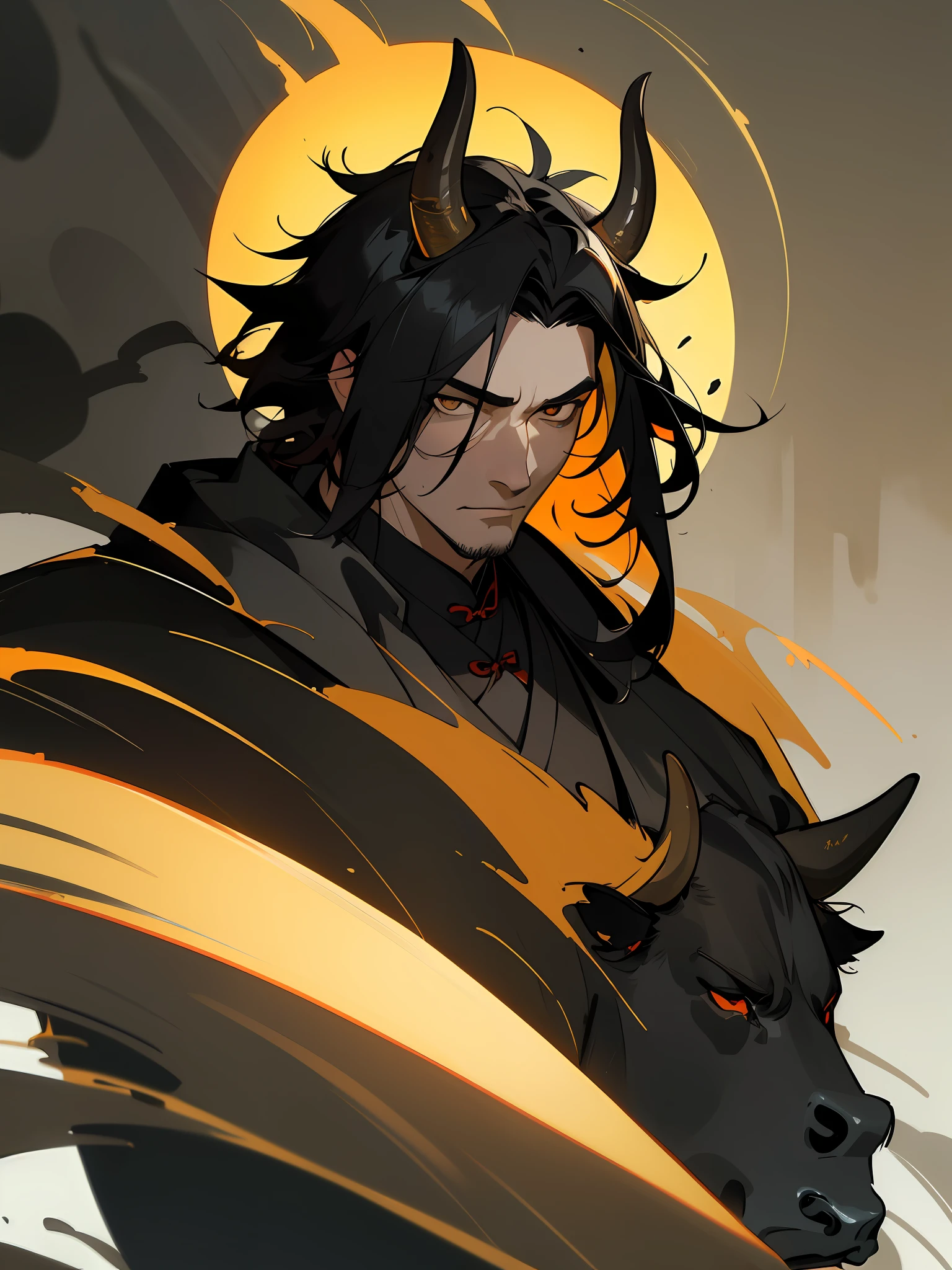 Masterpiece, best quality, (Chinese ink painting), (illustration), (1 man), ((mature man behind a cow)), Chinese style, (ancient chinese male), (russ mills style), cloak, (short hair), (messy hair), (black skin), (golden eye), handsome, robust, horn decoration, (black clothing), tang dynasty, dark grey, hiroshi yoshida, (close-up), (chiaroscuro),fine facial details,cinematic lighting, (depth of field),UHD, (upper body)