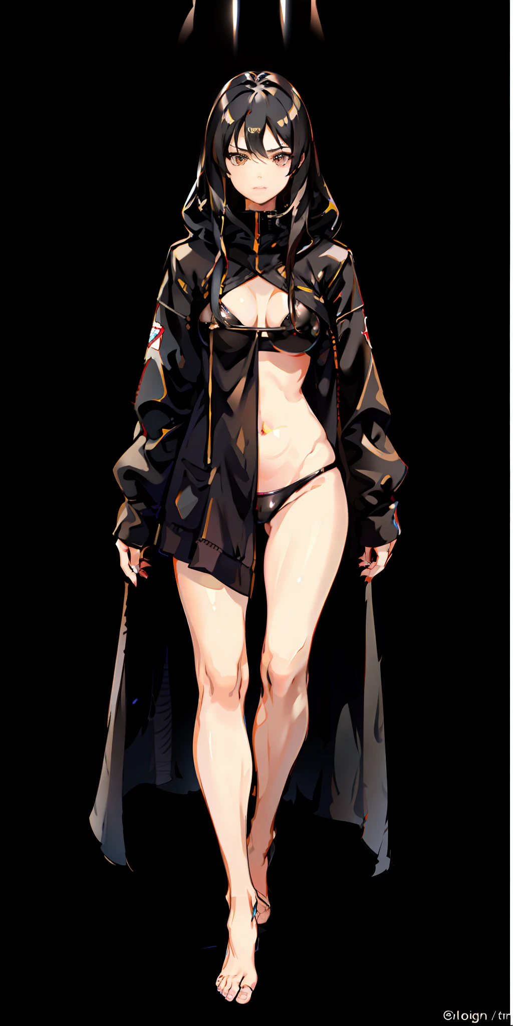 ((1girl)), looking at the viewer, commanding and confident, black hoodie, (long black hair:1.2), no pants, (large breasts:1.2), (thick thighs:1.1), seductive gaze, black panties, dramatic lighting.