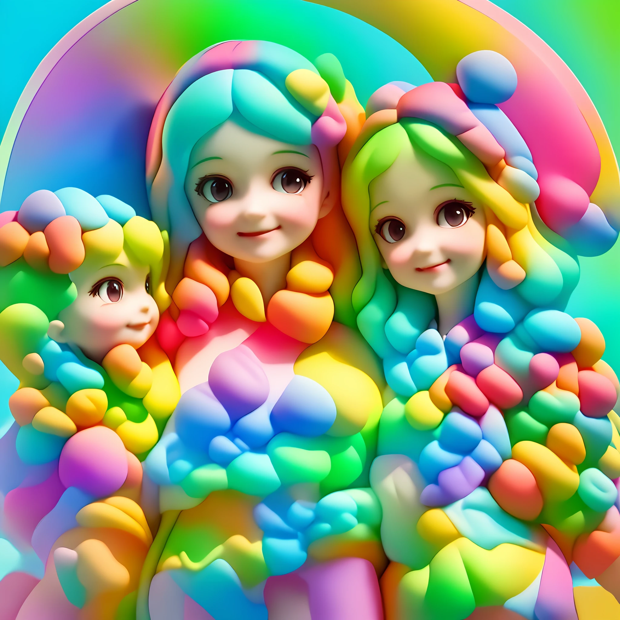 ((best quality)), ((ultradetailed)), ((masterpiece)), a woman with two young daughters aged one and five in cartoon style, vibrant rainbow background colors. scene: The mother and daughters are depicted with symmetrical shapes and lines, conveying their bond and connection. It has a happy and smiling atmosphere, capturing the essence of love and family, resolution: 4K