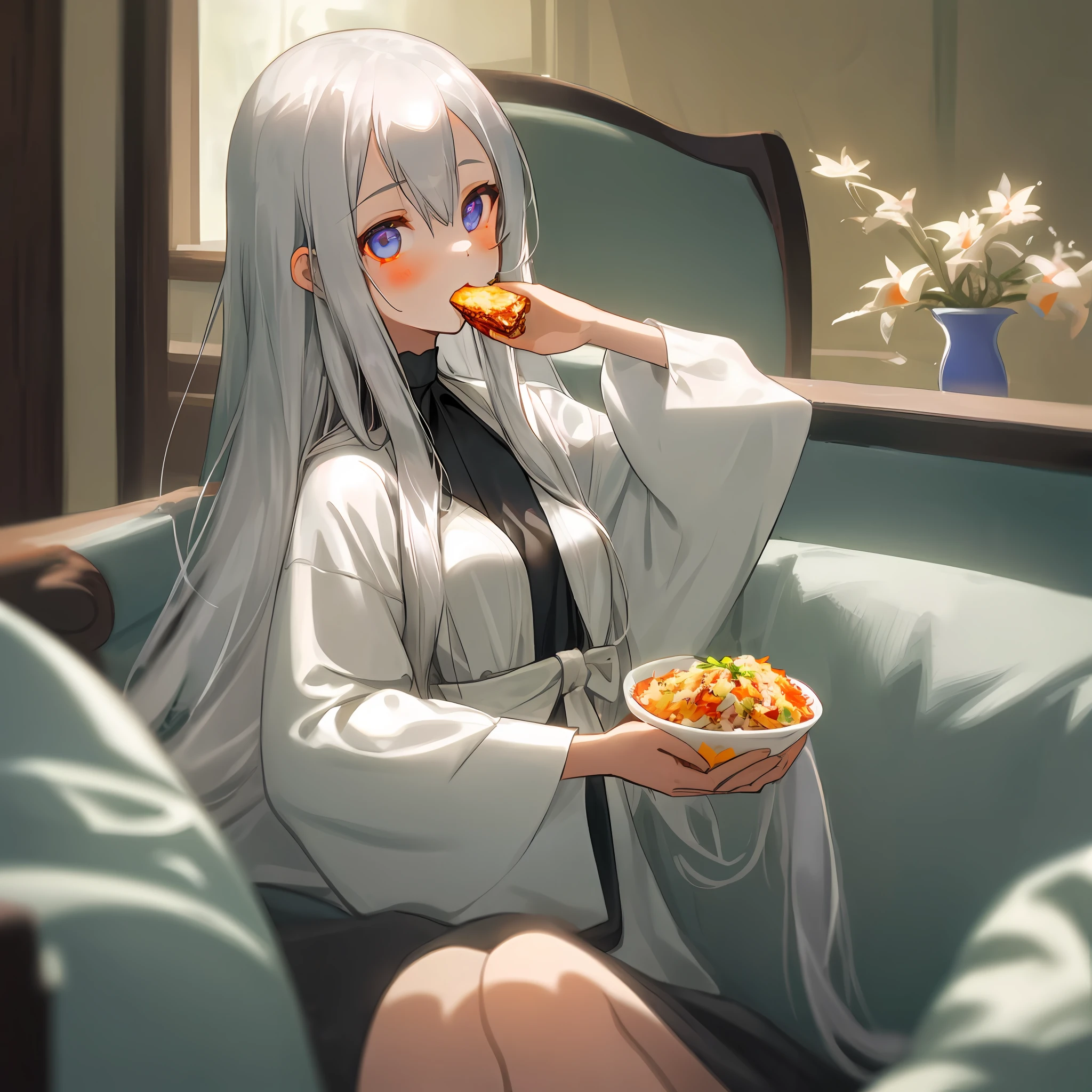1 girl, eating, loungewear, solo, 1 fried rice, long silver hair, odd eyes, small breasts, beautiful girl