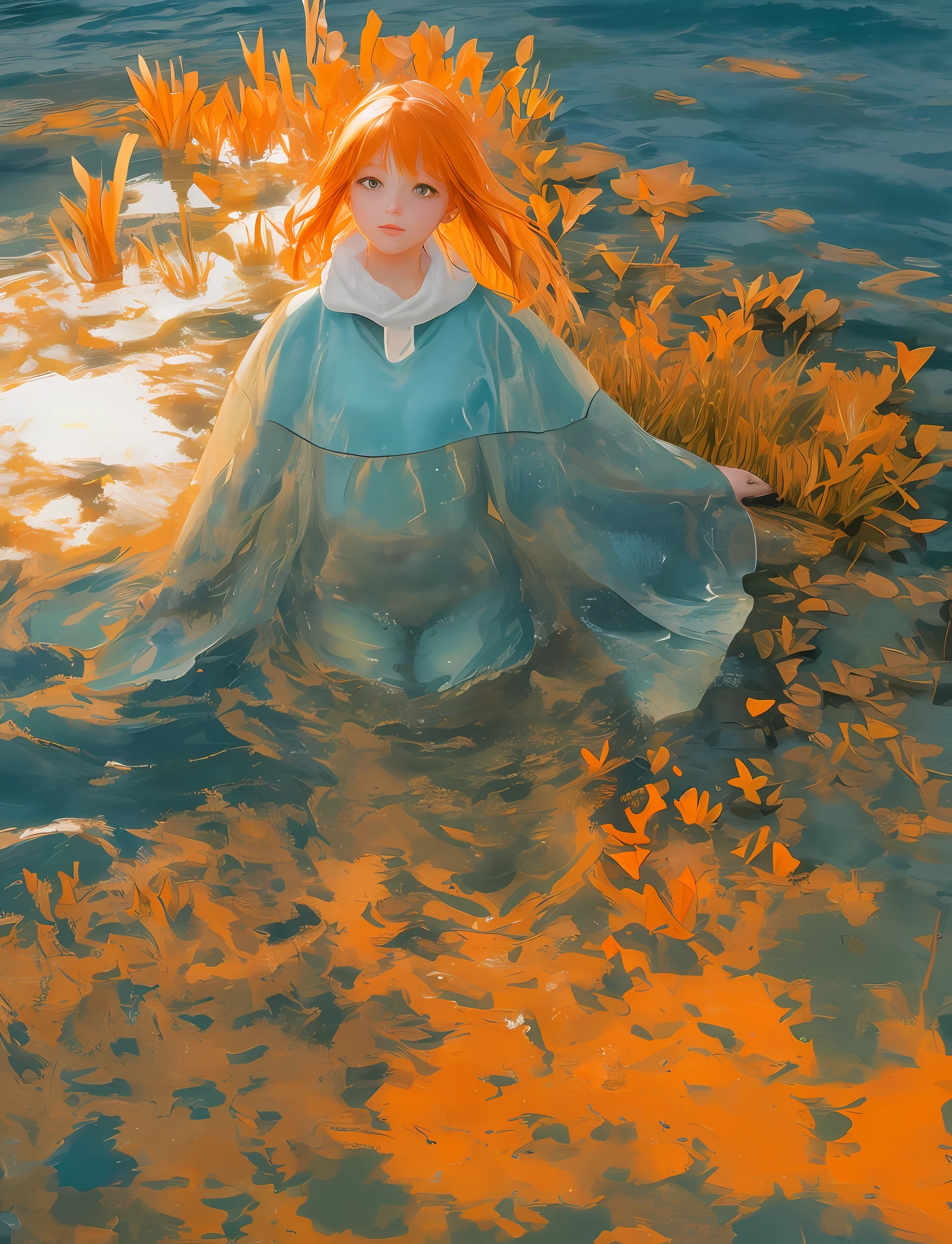 Full body shot, girl face, perfect anatomy, humanoid, aquatic girl with straight body, wet orange skin, point ears, beautiful, in the grass, next to water