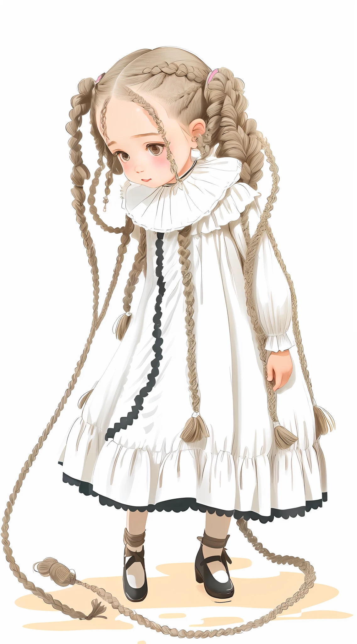 A little girl with braids and hair growing to her heels in a dress, illustration for children