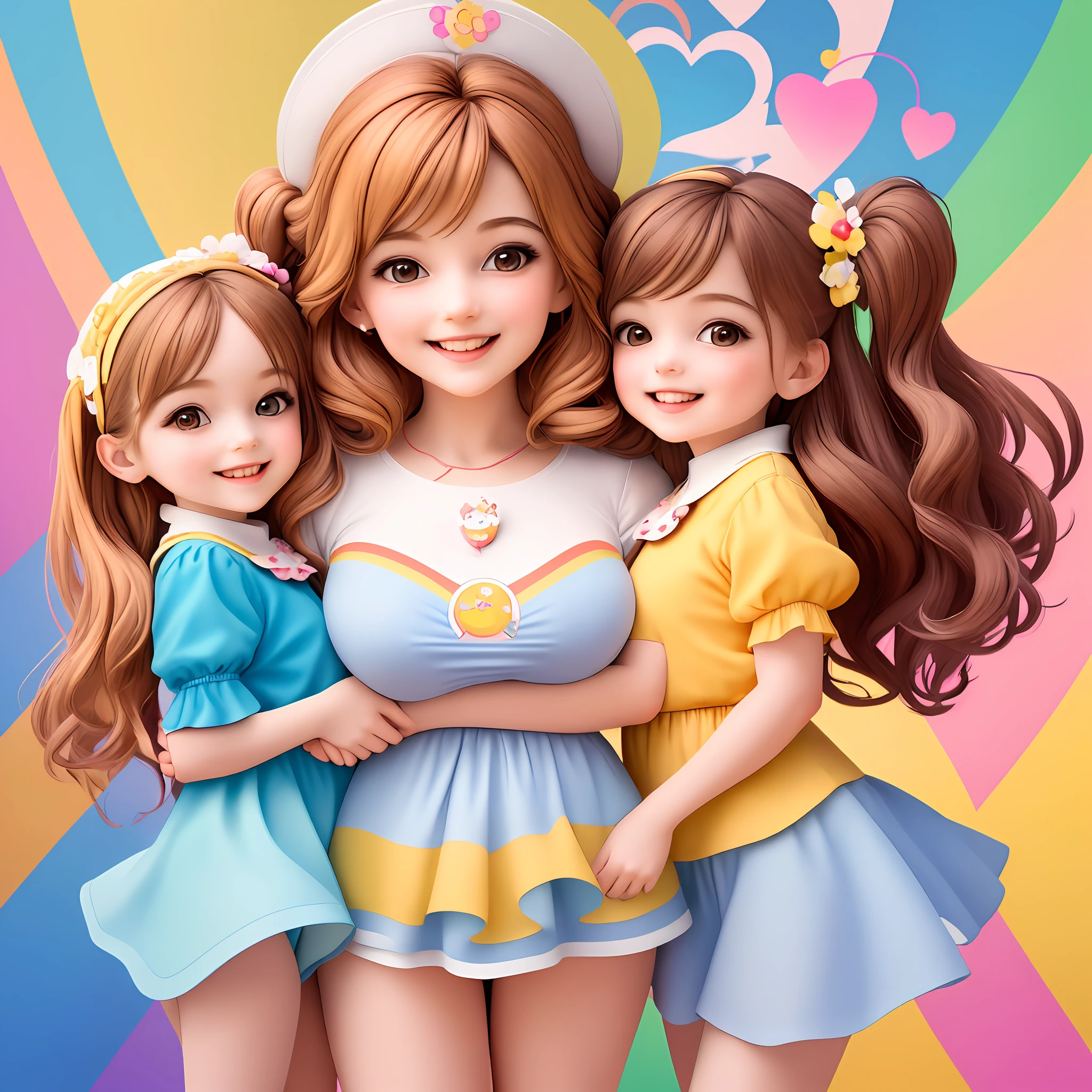 ((best quality)), ((ultradetailed)), ((masterpiece)), a woman with two young daughters ages one and four in cartoon style. scene: The mother and daughters are depicted with symmetrical shapes and lines, conveying their bond and connection. It has a happy and smiling atmosphere, capturing the essence of love and family, rainbow background colors, resolution: 4K