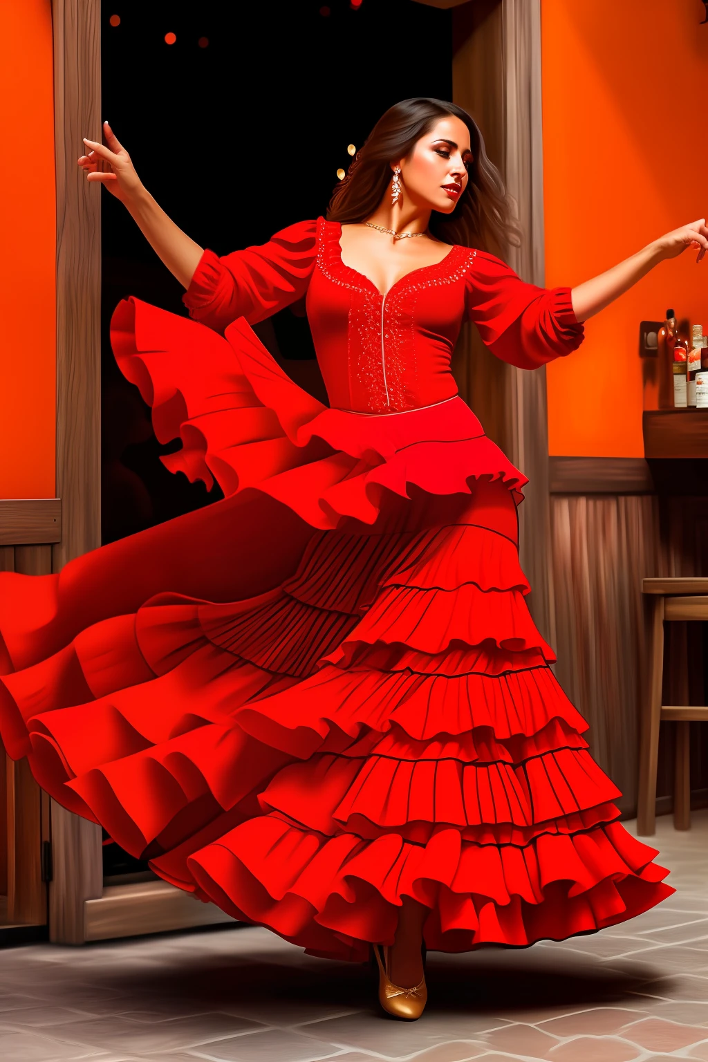 a spanish woman dancing flamenco in a tavern, red tones, 4k, realistic, super detailed