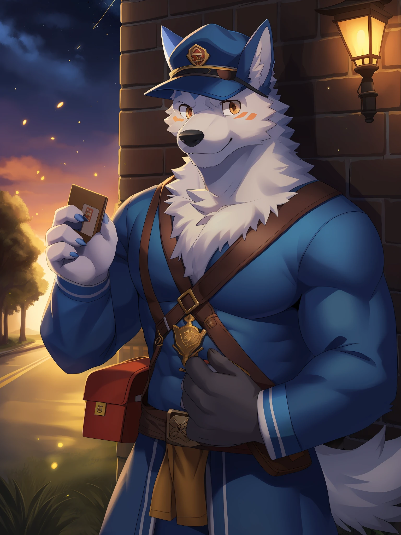solo, male, (muscular), shaman, (male anthro dragon):1.3, white body, white belly, (kemono:1.4) (praying):1.23, (blue postman outfit, postman cap, postman bag grass green pattern: 1.2), detailed eyes, wolf tail, wolf ears, ((bust portrait)), (detailed eyes, brown eyes, glowing eyes): 1.1, letter in hand, (outdoor: 1.35), wind, street lamp, street, sunset , daytime, (particles, fireflies, blue glow): 1.3, detailed background, realistic, realistic hands, 8k hd, (dark shadows, wide dynamic range, hdr, low light: 1.2)