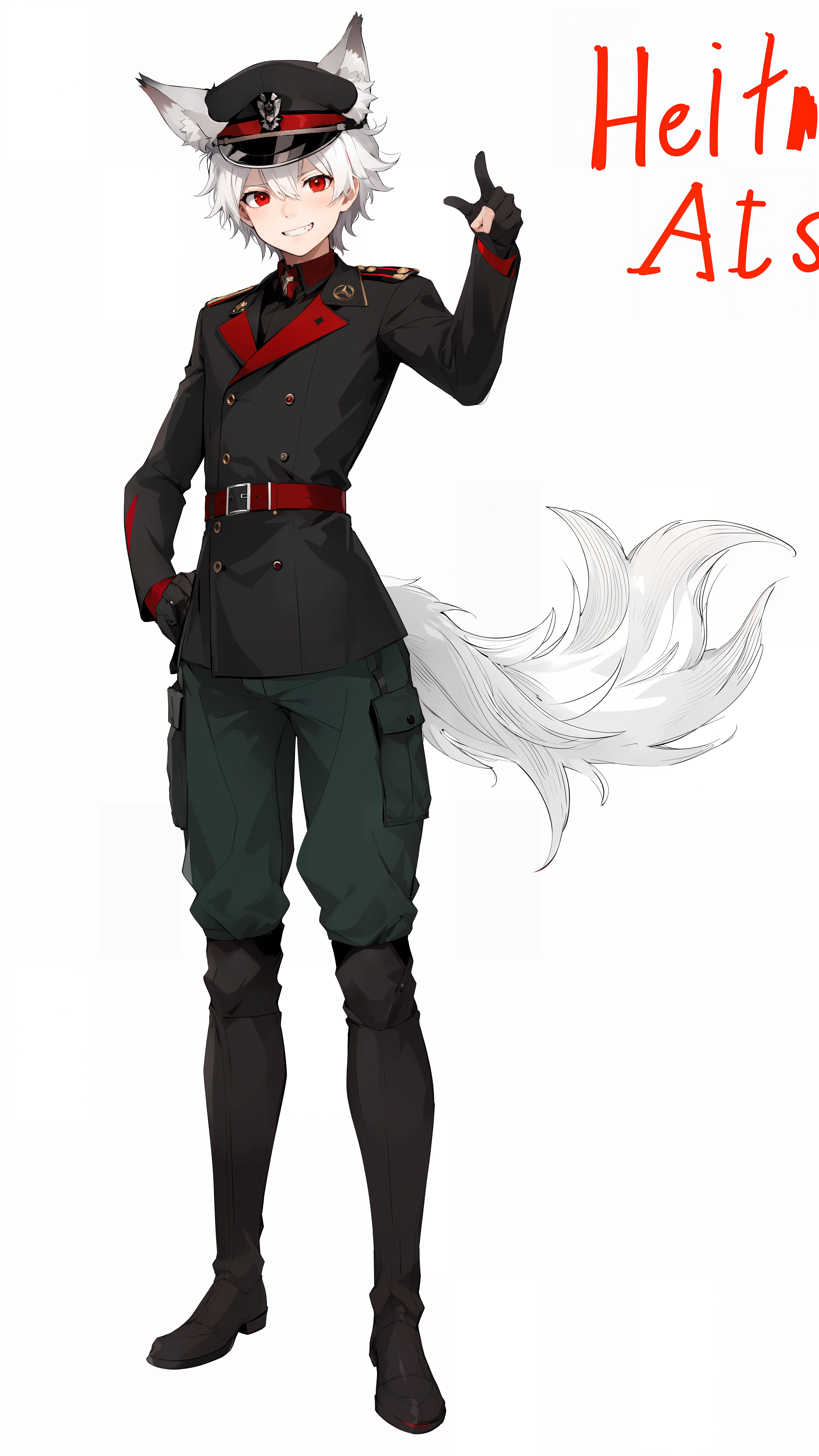 Remaster, 1boy, HD, grin, peaked general cap, black coat, wolf tail, wolf ears, red eyes, white hair