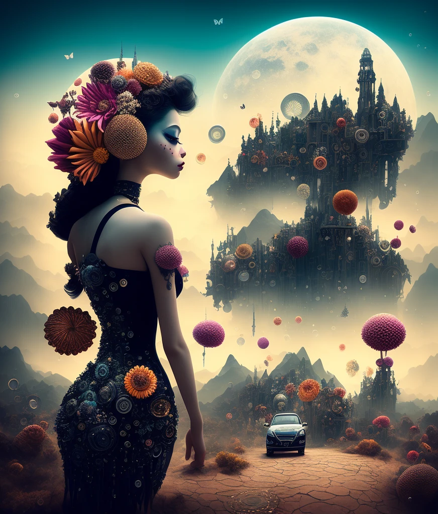 Digital art by Ray Caesar and Hannah Hch and Stephen Burrows, of a beautiful young woman in an action pose, centered in frame, wide shot, perky breasts, mask, pop surrealism, neo-dada, spectacular, spectacle, masterpiece, private collection, curated collection, behance, 3d render, cracked clay, gothic, bright colors, oversaturated, depth, spirals, fibonacci sequences, shells, wings, butterflies, flowers, gears, tunnels, surreal environment, fractals geometry, game assets, city scene, modern makeup, long eyelashes, rain drops, chiffon dress, rococo, bracelets, punk rock, subversive art, dirty, grime, dingey, mid cut jeans, specular highlights, reflections, ambient occlusion render, detailed, Marching squares, ((iso lines)), armature, detailed, elaborate, complex, desert, mountains, carriages, cars, stormy sky, moonlight
