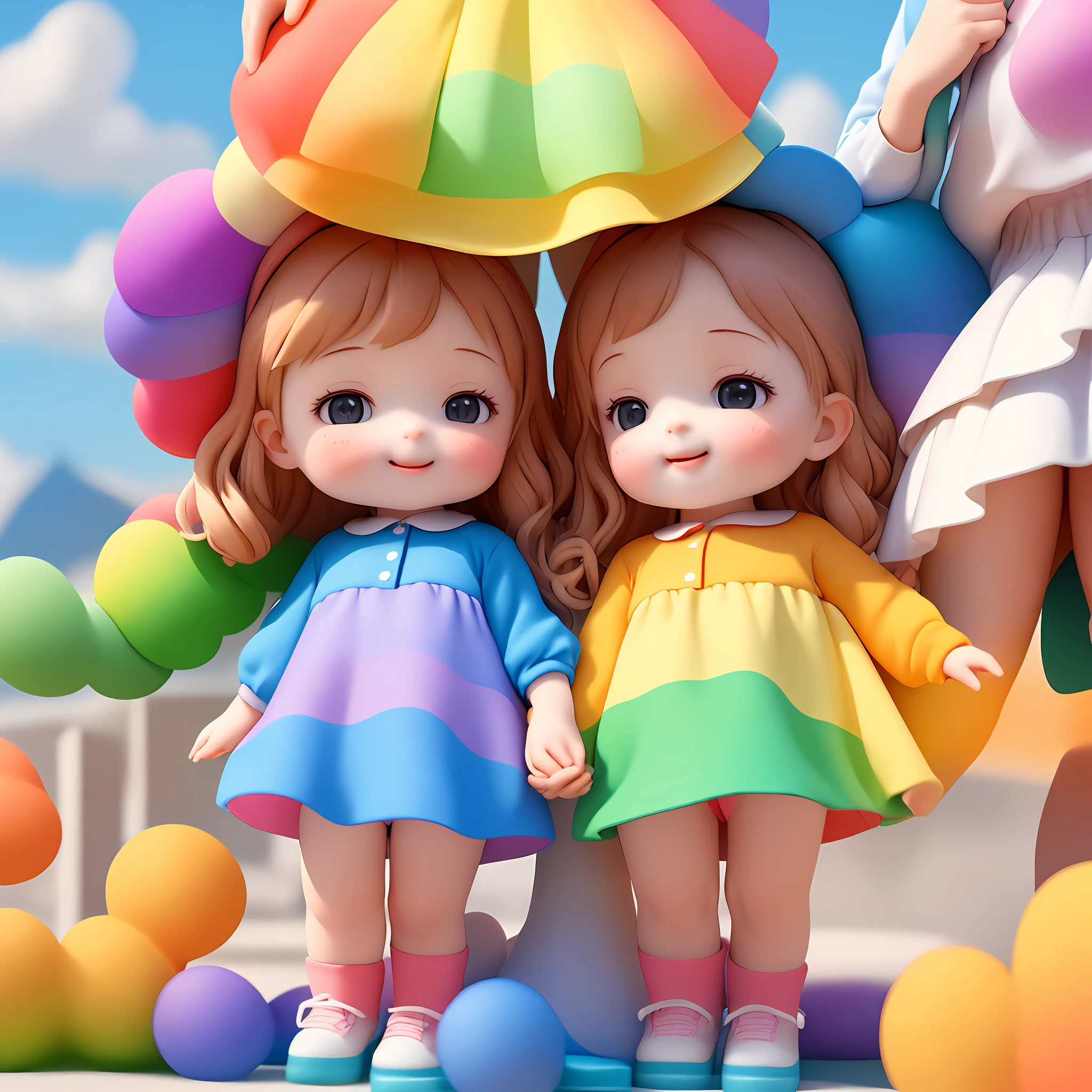 ((best quality)), ((ultradetailed)), ((masterpiece)), A charming logo for a children's goods store, featuring a minimalist representation of a mother and her two young daughters aged one and four, infused with the colors of the rainbow. The logo captures the essence of childhood wonder and imagination. The figures are depicted with clean, flowing lines, conveying a sense of joy. Rainbow colors bring a sense of magic and emotion to the logo, symbolizing the diversity of available products, resolution: 4K.